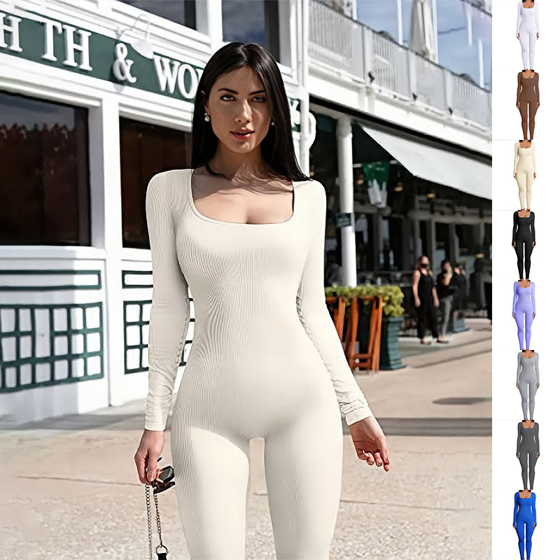 Women's Yoga Sports Fitness Jumpsuit Workout Long Sleeve Square Collar Clothing - New Star Living