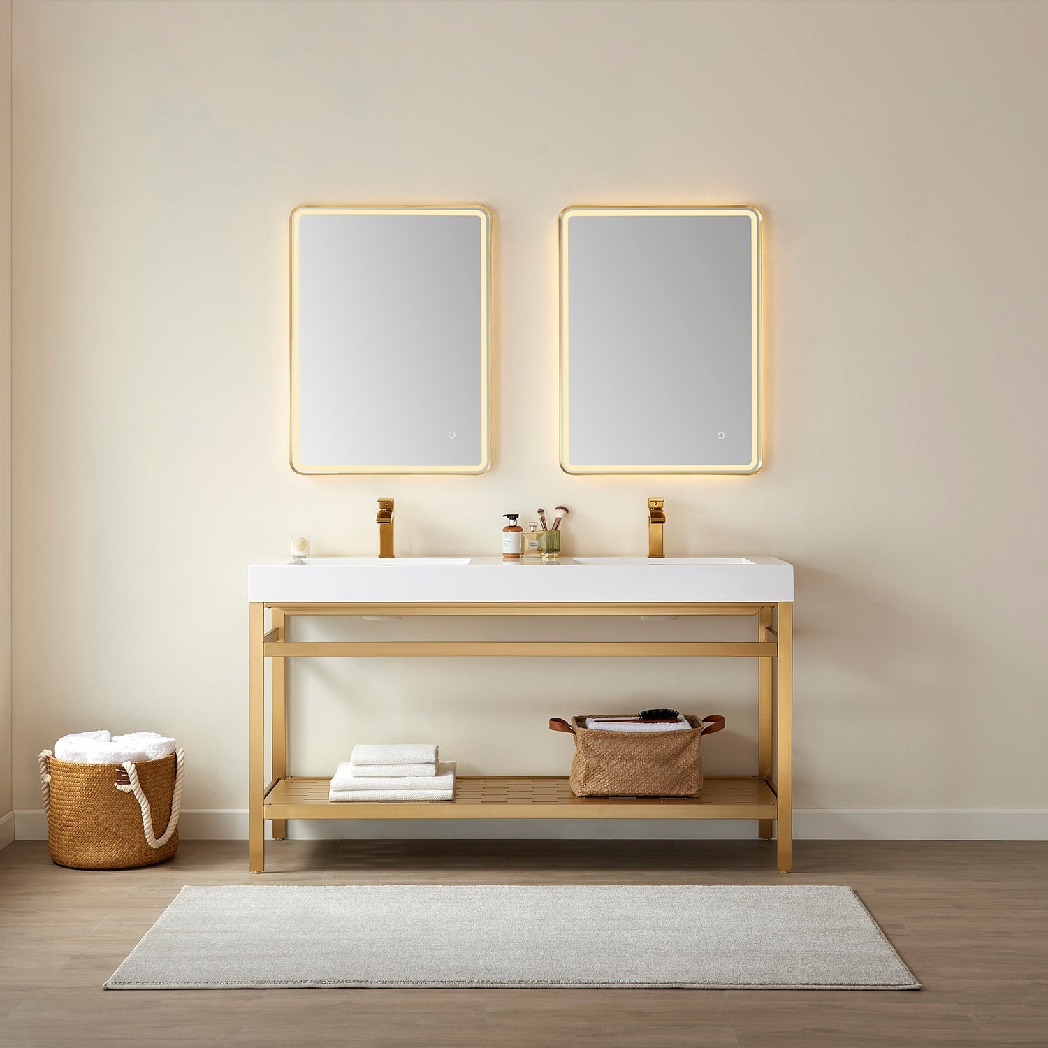 Vinnova Ablitas Double Sink Bathroom Vanity with Metal Support and White One-Piece Composite Stone Sink Top