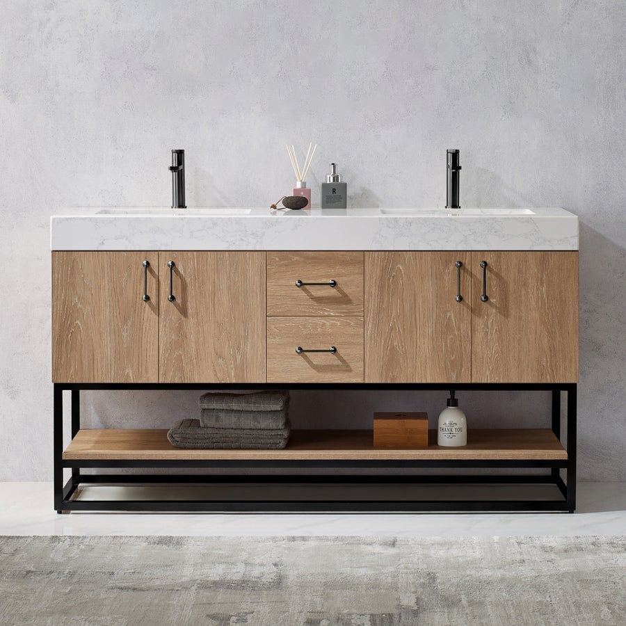 Vinnova Alistair 60B" Double Vanity in North American Oak with White Grain Stone Countertop Without Mirror -789060B-NO-GW-NM - New Star Living