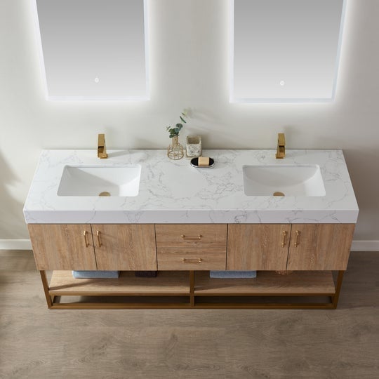 Vinnova Alistair 72" Double Vanity in North American Oak with White Grain Stone Countertop Without Mirror -789072-NO-GW-NM - New Star Living