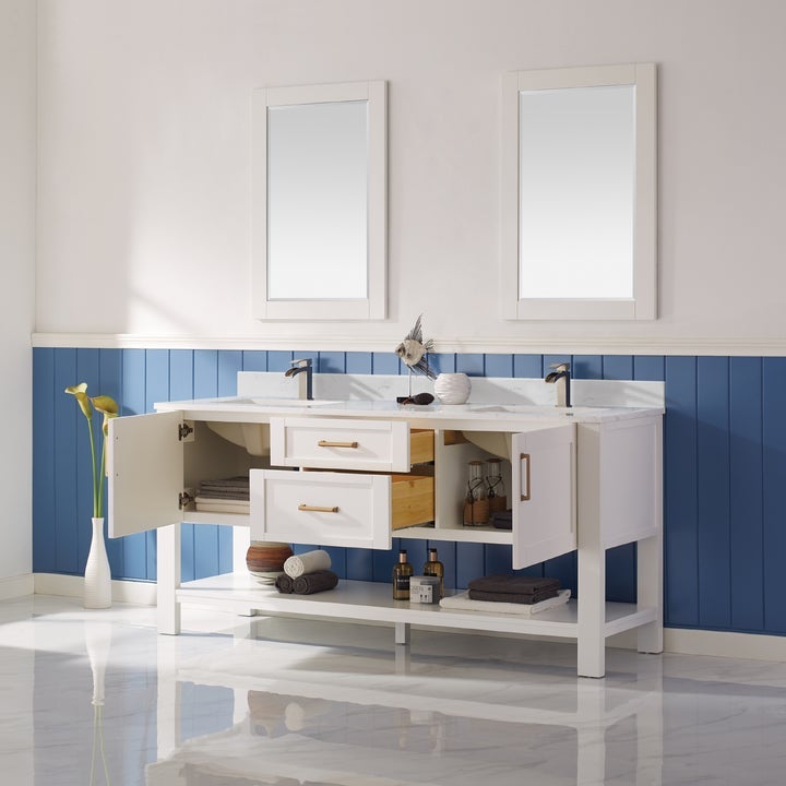 Vinnova Grayson 72" Double Vanity in White and Composite Carrara White Stone Countertop With Mirror - 784072-WH-WS - New Star Living