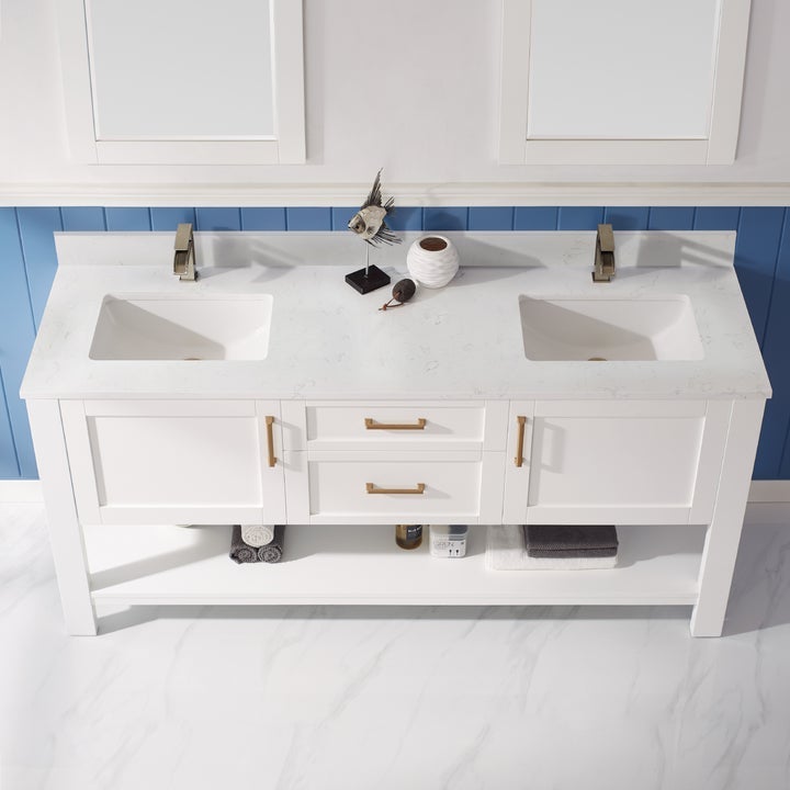 Vinnova Grayson 72" Double Vanity in White and Composite Carrara White Stone Countertop Without Mirror - 784072-WH-WS-NM - New Star Living