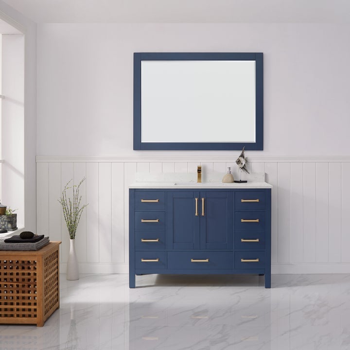 Vinnova Shannon 36" Single Vanity in Royal Blue and Composite Carrara White Stone Countertop With Mirror - 785036-RB-WS - New Star Living