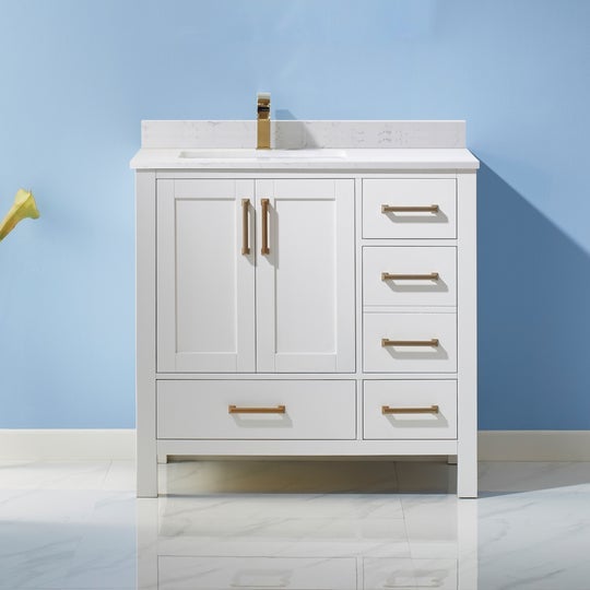 Vinnova Shannon 36" Single Vanity in White and Composite Carrara White Stone Countertop With Mirror - 785036-WH-WS - New Star Living