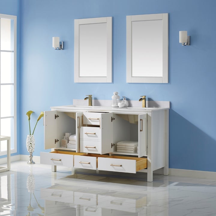 Vinnova Shannon 60" Double Vanity in White and Composite Carrara White Stone Countertop With Mirror - 785060M-WH-WS - New Star Living