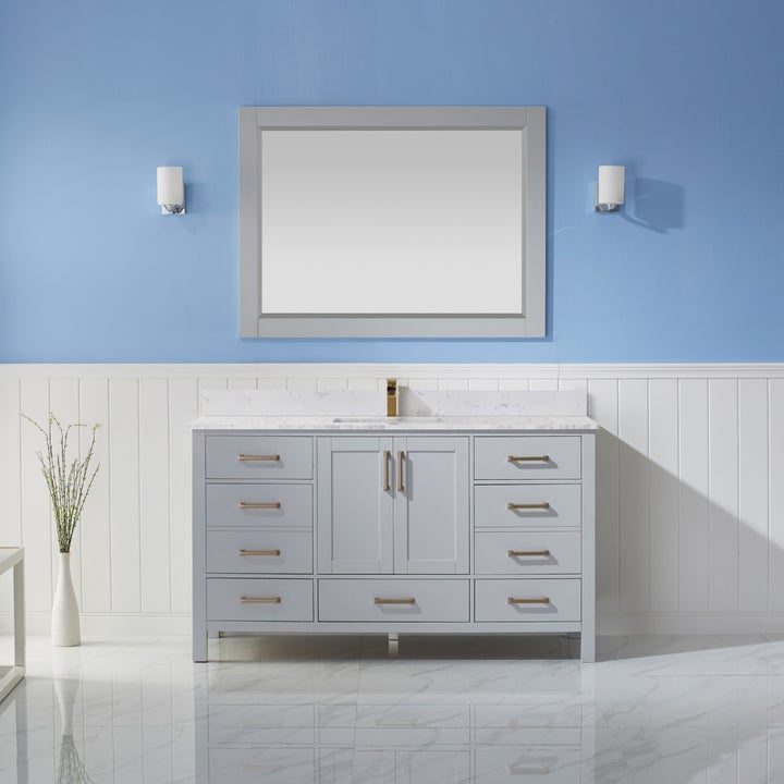 Vinnova Shannon 60" Single Vanity in Paris Grey and Composite Carrara White Stone Countertop With Mirror - 785060-PG-WS - New Star Living