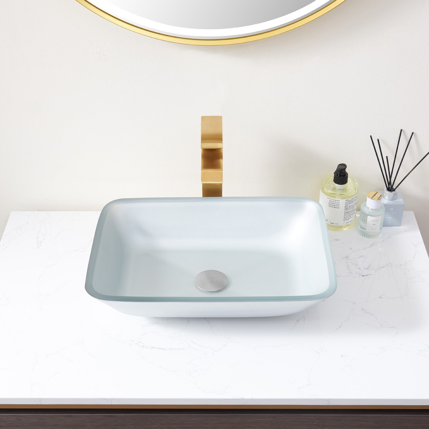 Vinnova Tudela Glass Rectangular Vessel Bathroom Sink without Faucet