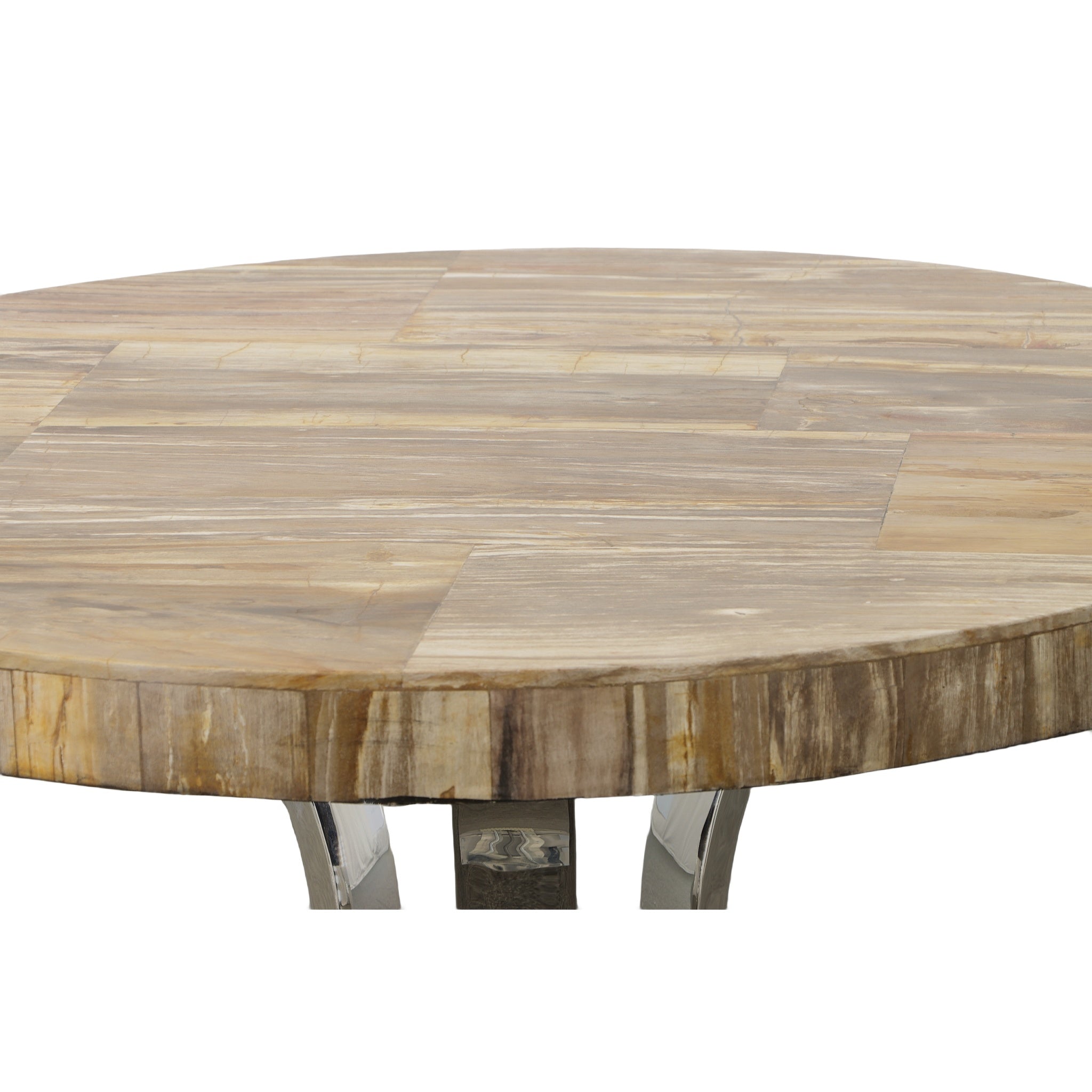 AFD Home  60 Inch Round Petrified Light Wood Table With Stainless Base - New Star Living