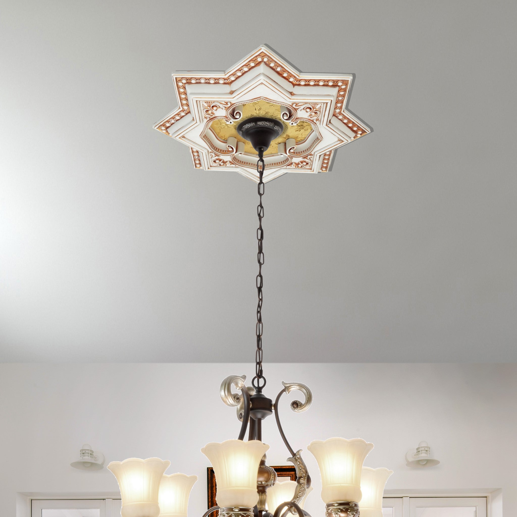 AFD Home  Ivory and Gold Eight Pointed Star Chandelier Ceiling Medallion 24in - New Star Living