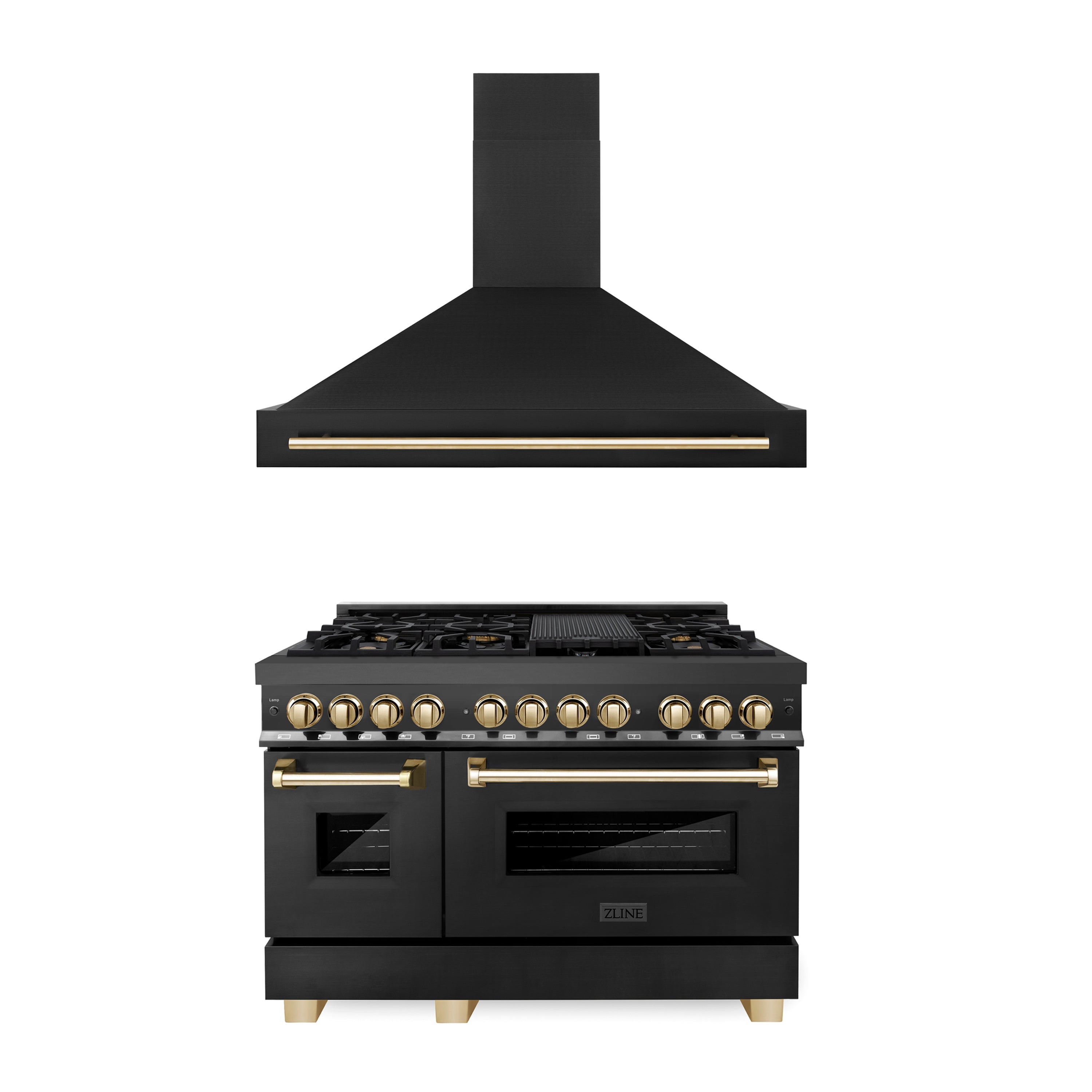 ZLINE 48" Autograph Edition Kitchen Package with Black Stainless Steel Dual Fuel Range and Range Hood with Gold Accents (2AKP-RABRH48-G) - New Star Living