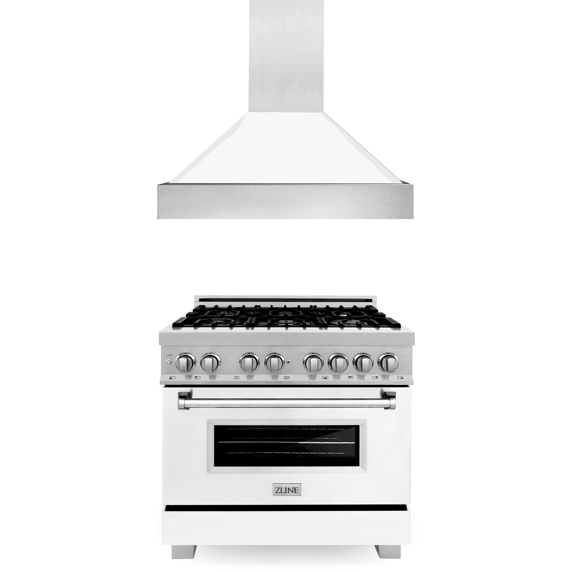 ZLINE 36 in. Kitchen Package with DuraSnow Stainless Steel Dual Fuel Range with White Matte Door and Convertible Vent Range Hood (2KP-RASWMRH36) - New Star Living