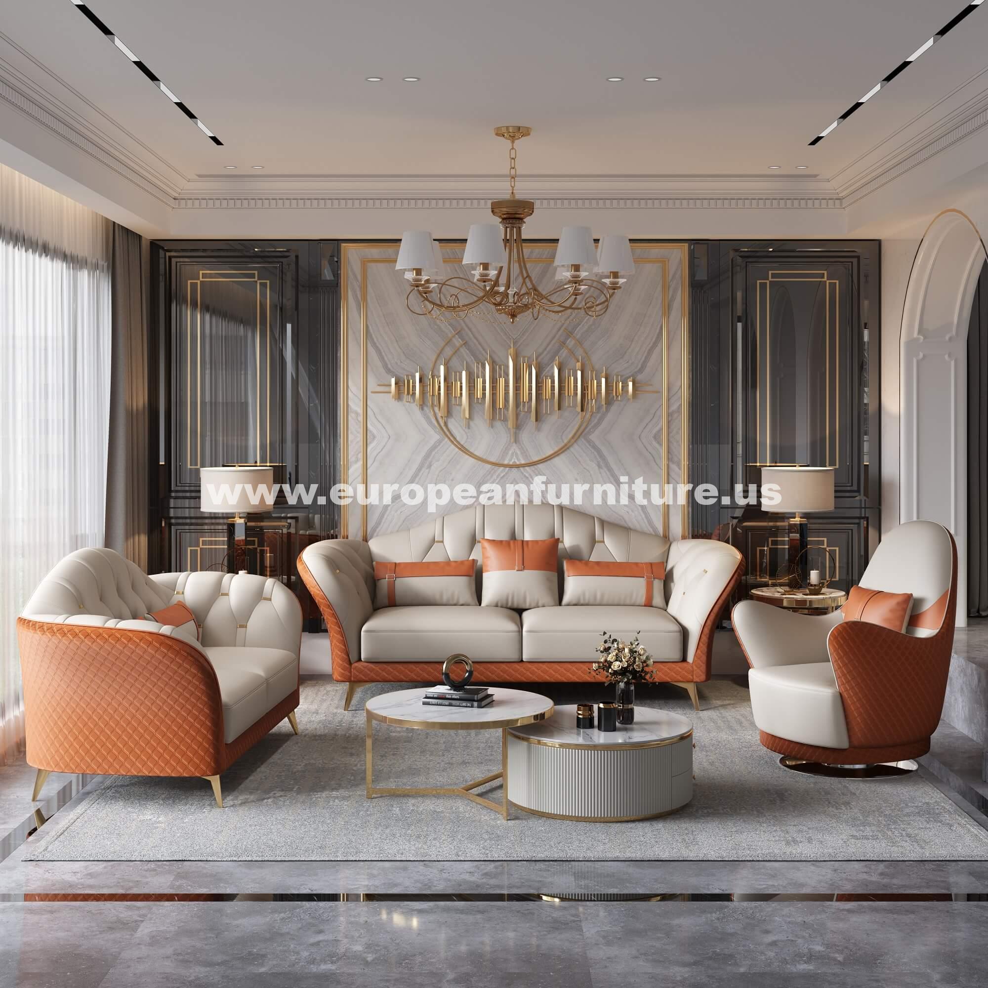 European Furniture - Amalia 3 Piece Sofa Set Off White-Orange Italian Leather - EF-28040 - New Star Living