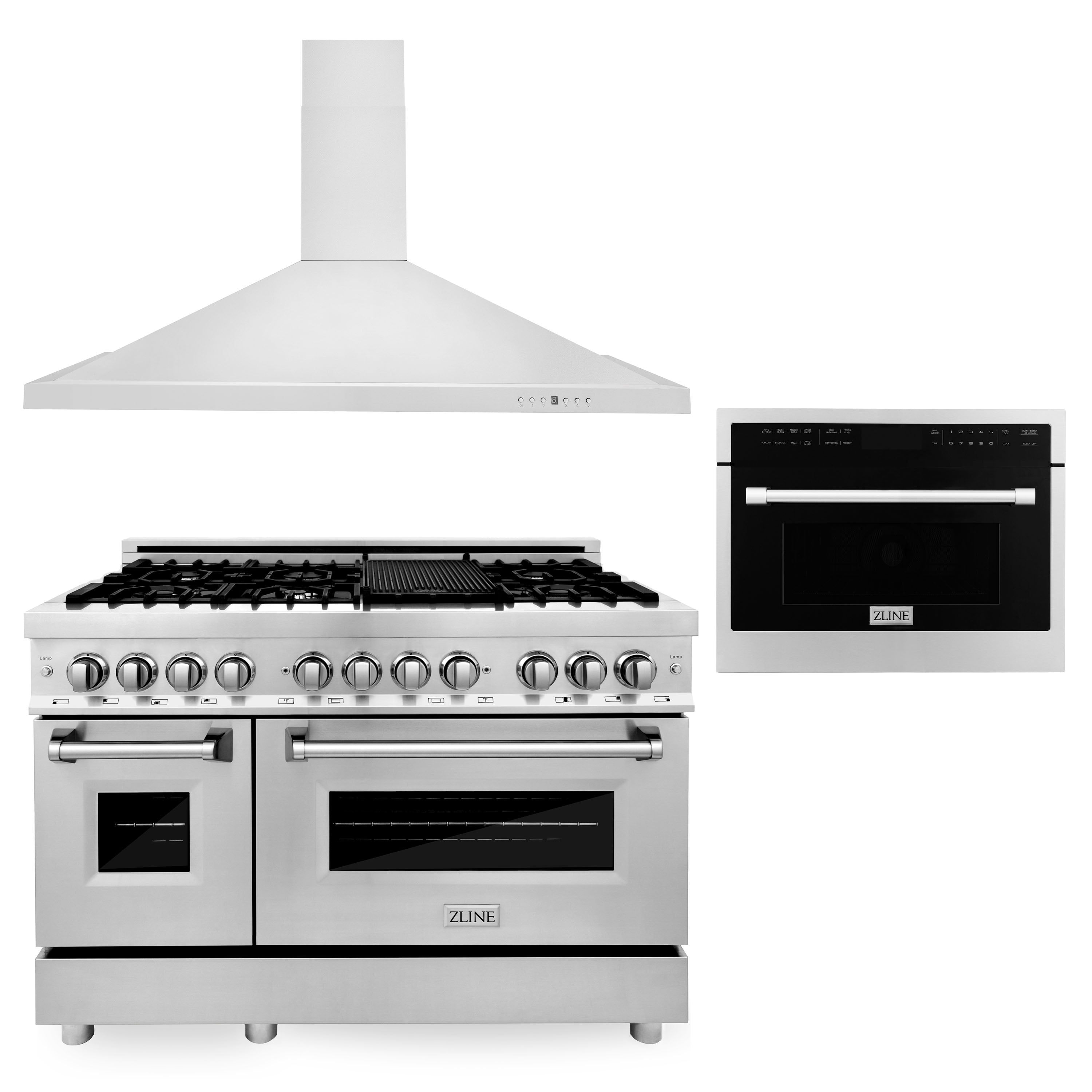 ZLINE 48" Kitchen Package with Stainless Steel Dual Fuel Range, Convertible Vent Range Hood and 24" Microwave Oven - New Star Living