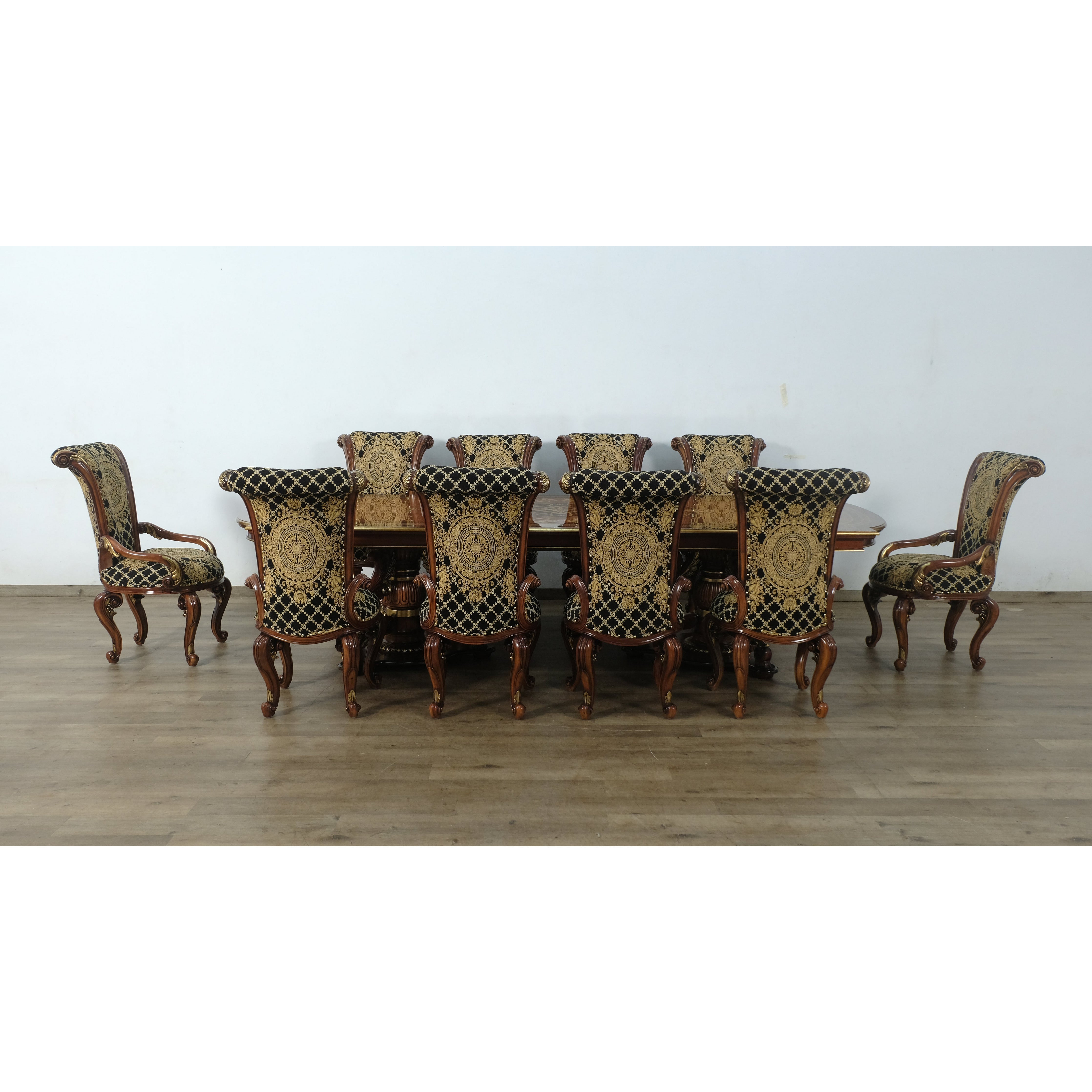 European Furniture - Valentine II 11 Piece Dining Room Set With Black Gold Fabric - 45014-45015-11SET - New Star Living