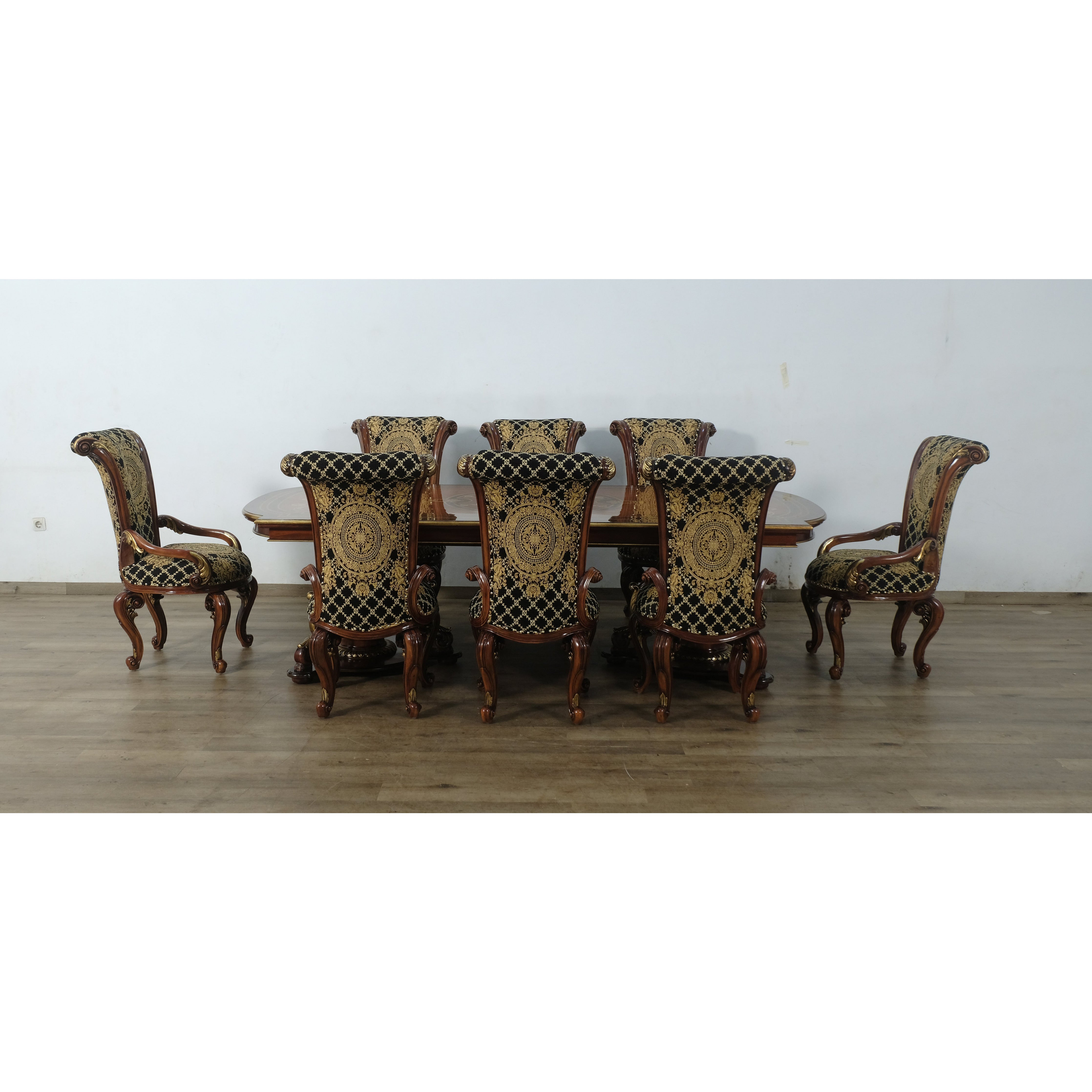 European Furniture - Valentine II 9 Piece Dining Room Set With Black Gold Fabric - 45014-45015-9SET - New Star Living
