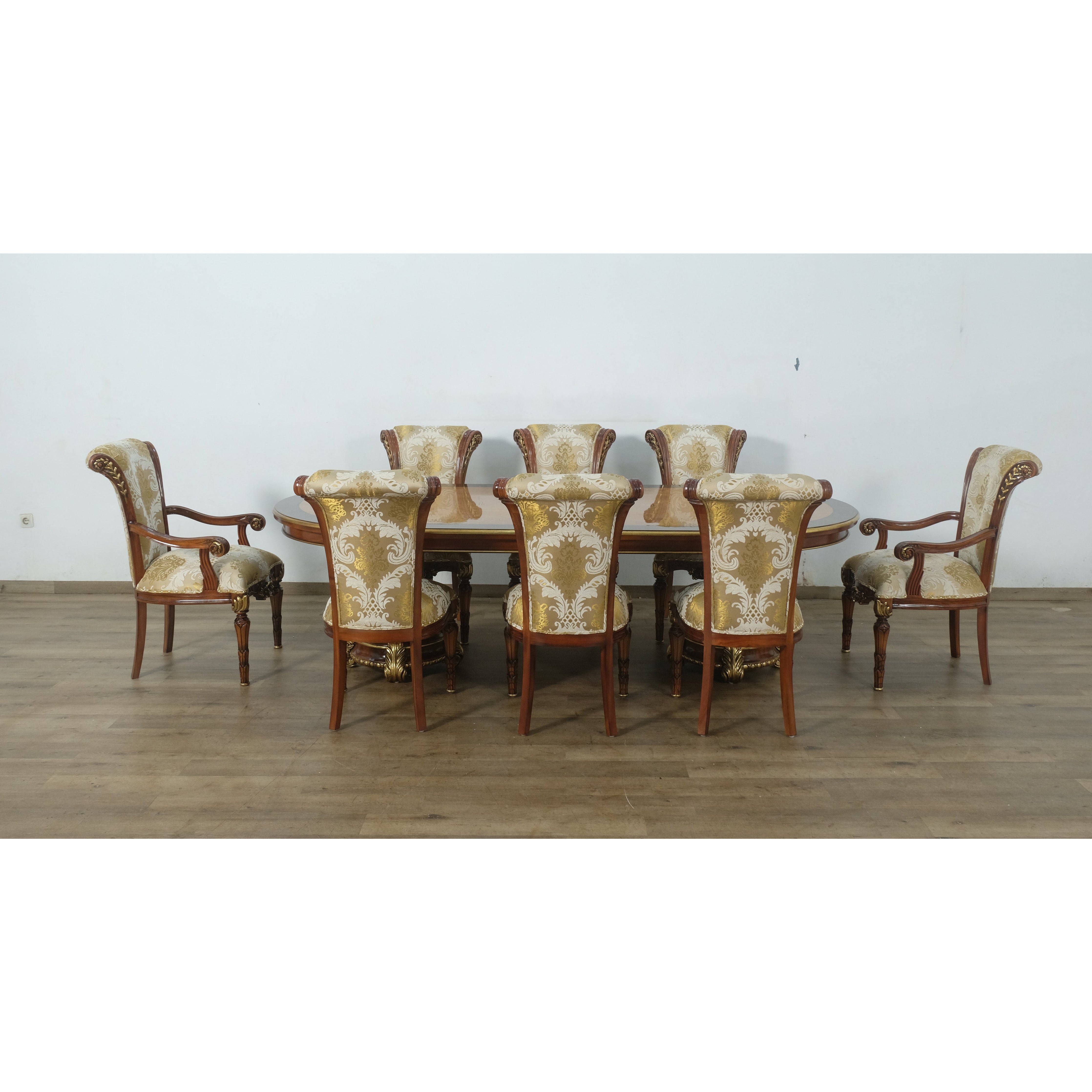 European Furniture - Veronica 9 Piece Dining Room Set With Damask Gold Fabric Chair - 47076DT-9SET - New Star Living
