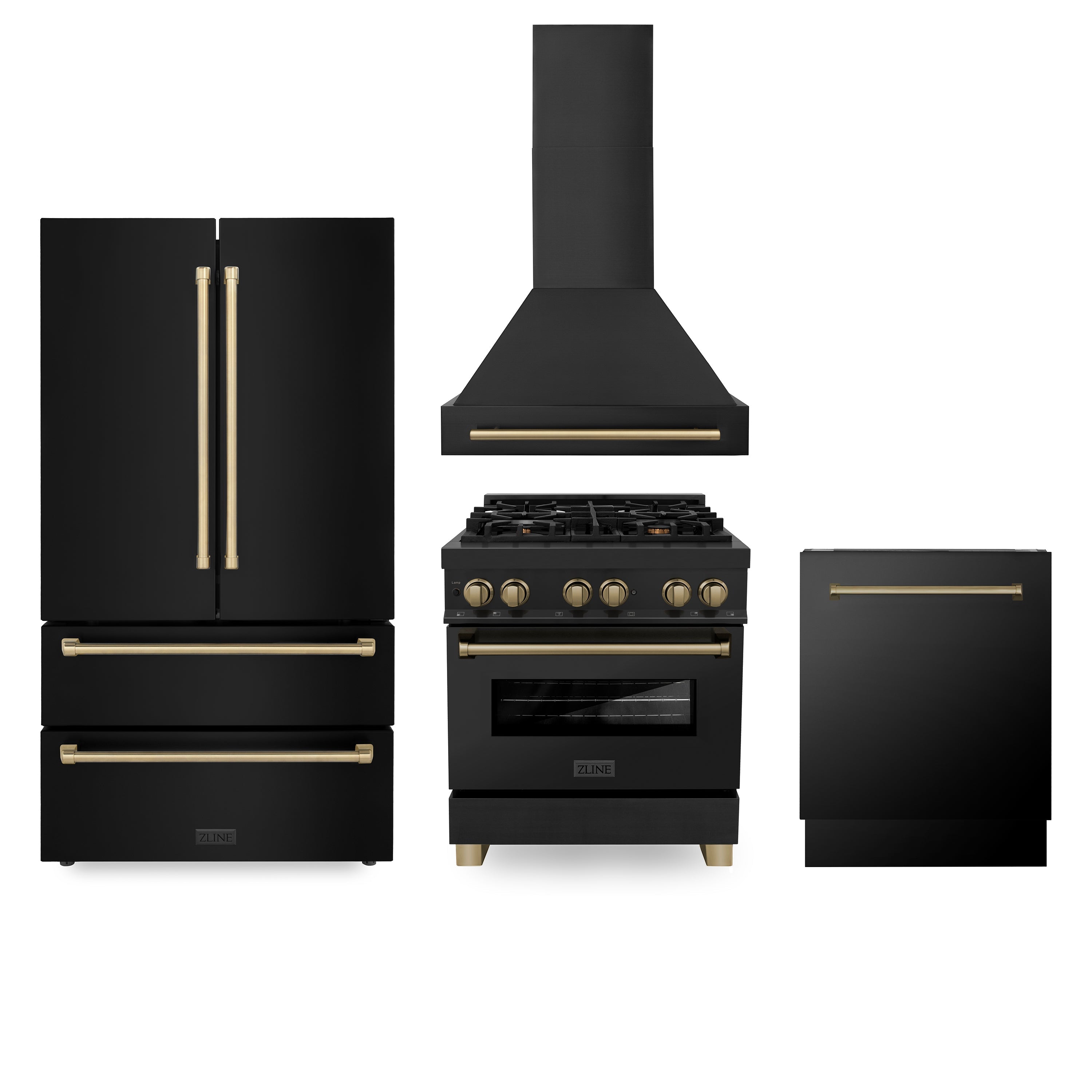 ZLINE 30" Autograph Edition Kitchen Package with Black Stainless Steel Dual Fuel Range, Range Hood, Dishwasher and Refrigeration with Champagne Bronze Accents (4AKPR-RABRHDWV30-CB) - New Star Living