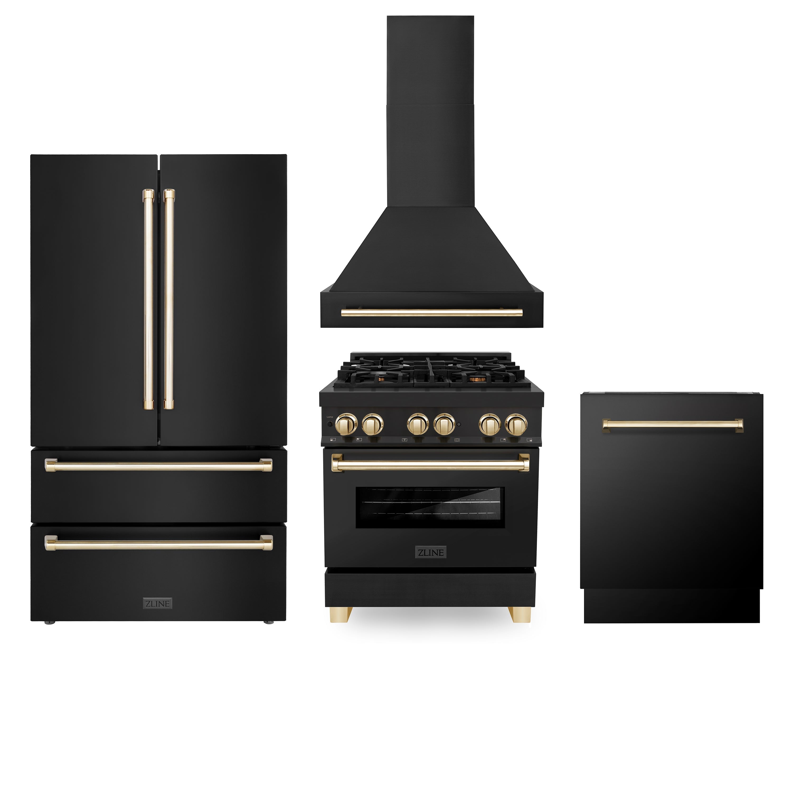 ZLINE 30" Autograph Edition Kitchen Package with Black Stainless Steel Dual Fuel Range, Range Hood, Dishwasher and Refrigeration with Gold Accents (4AKPR-RABRHDWV30-G) - New Star Living