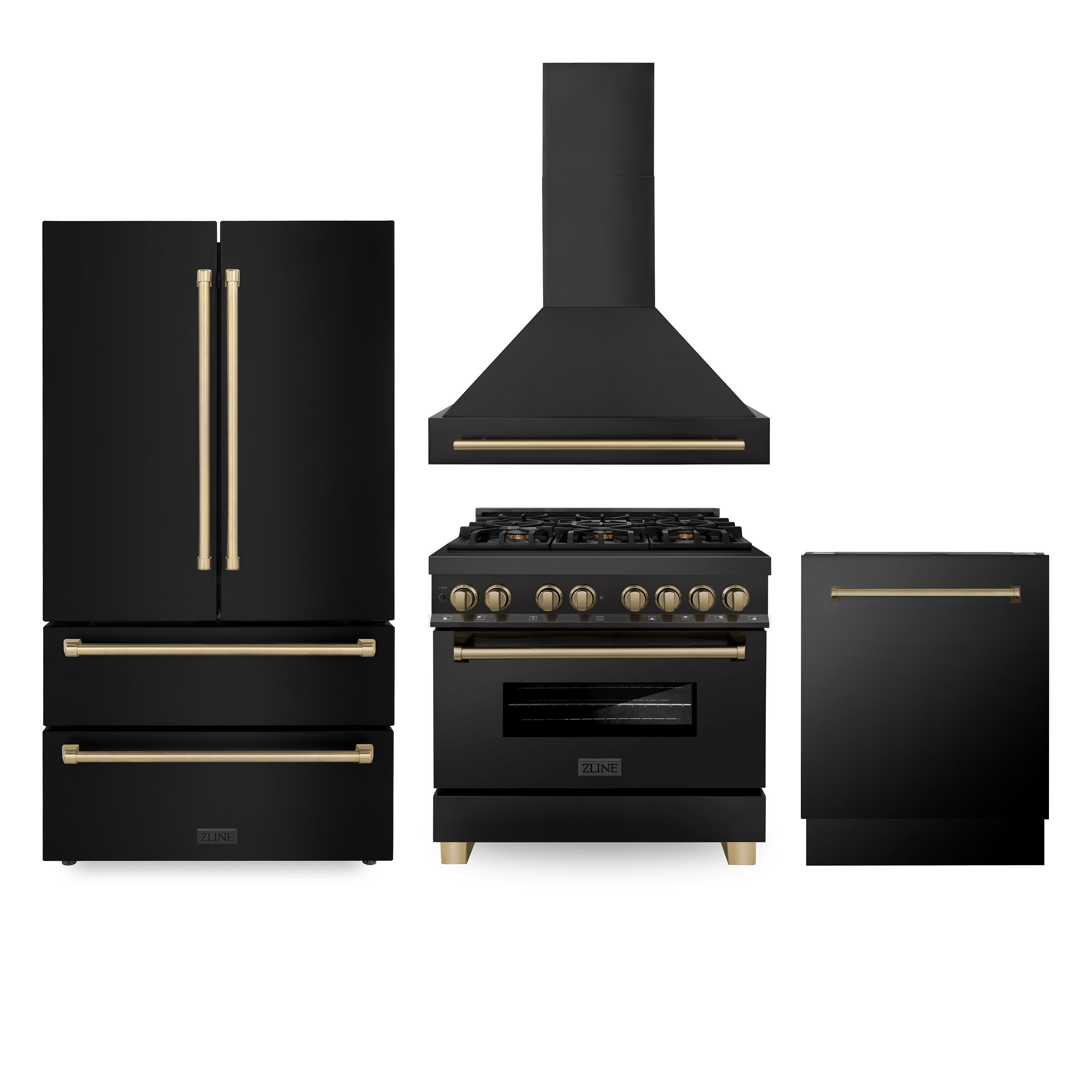 ZLINE 36" Autograph Edition Kitchen Package with Black Stainless Steel Dual Fuel Range, Range Hood, Dishwasher and Refrigeration with Champagne Bronze Accents (4AKPR-RABRHDWV36-CB) - New Star Living