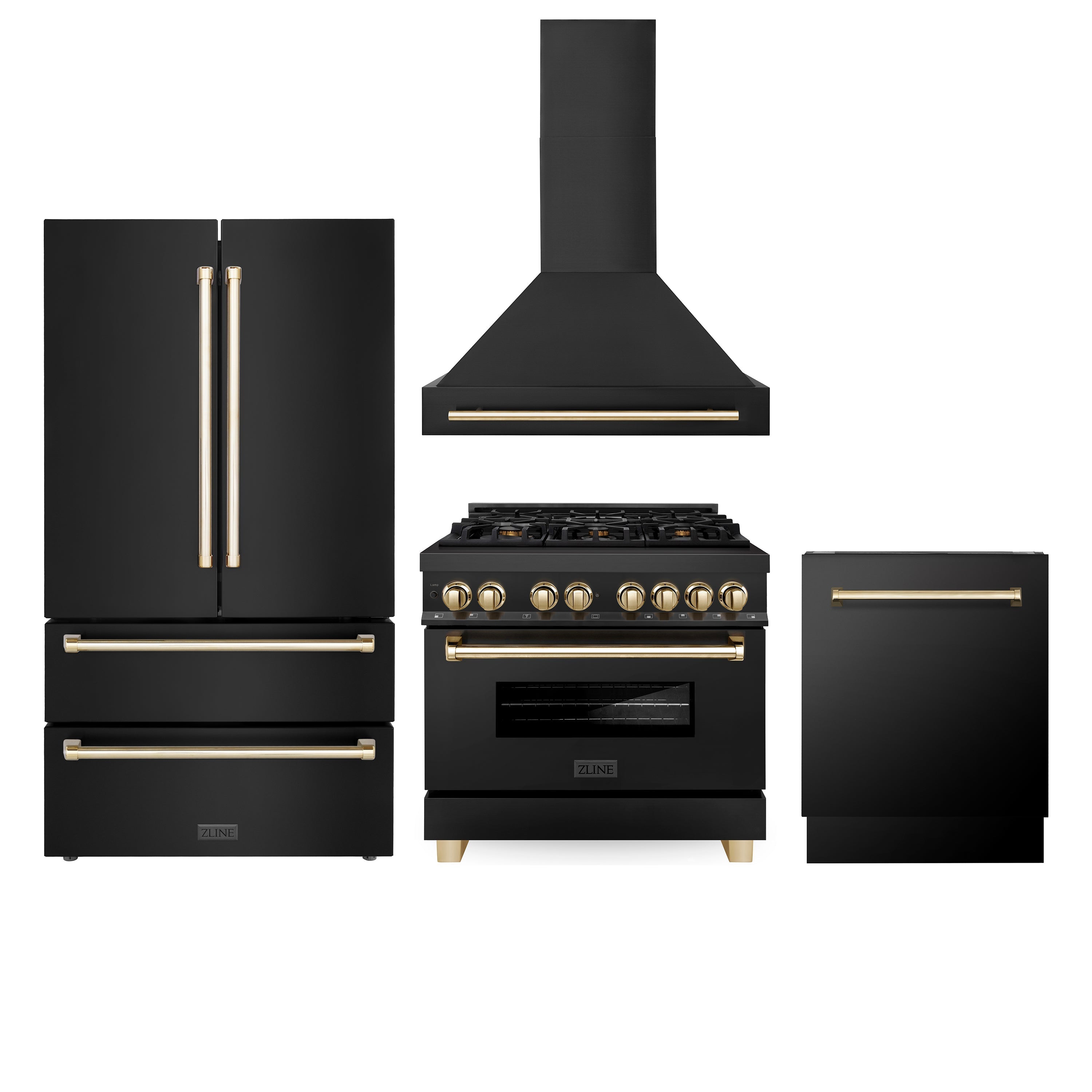 ZLINE 36" Autograph Edition Kitchen Package with Black Stainless Steel Dual Fuel Range, Range Hood, Dishwasher and Refrigeration with Gold Accents (4AKPR-RABRHDWV36-G) - New Star Living