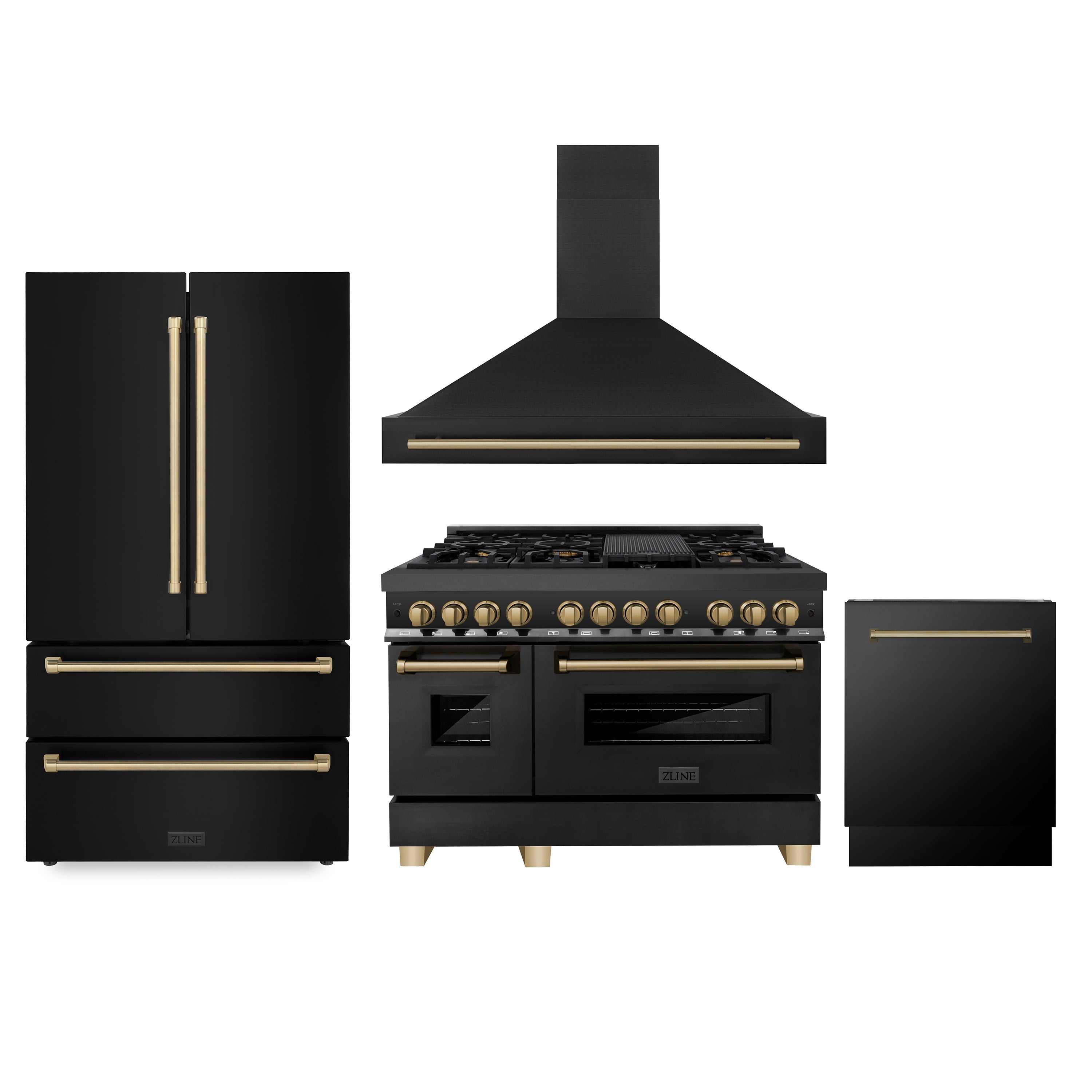 ZLINE 48" Autograph Edition Kitchen Package with Black Stainless Steel Dual Fuel Range, Range Hood, Dishwasher and Refrigeration with Champagne Bronze Accents (4AKPR-RABRHDWV48-CB) - New Star Living