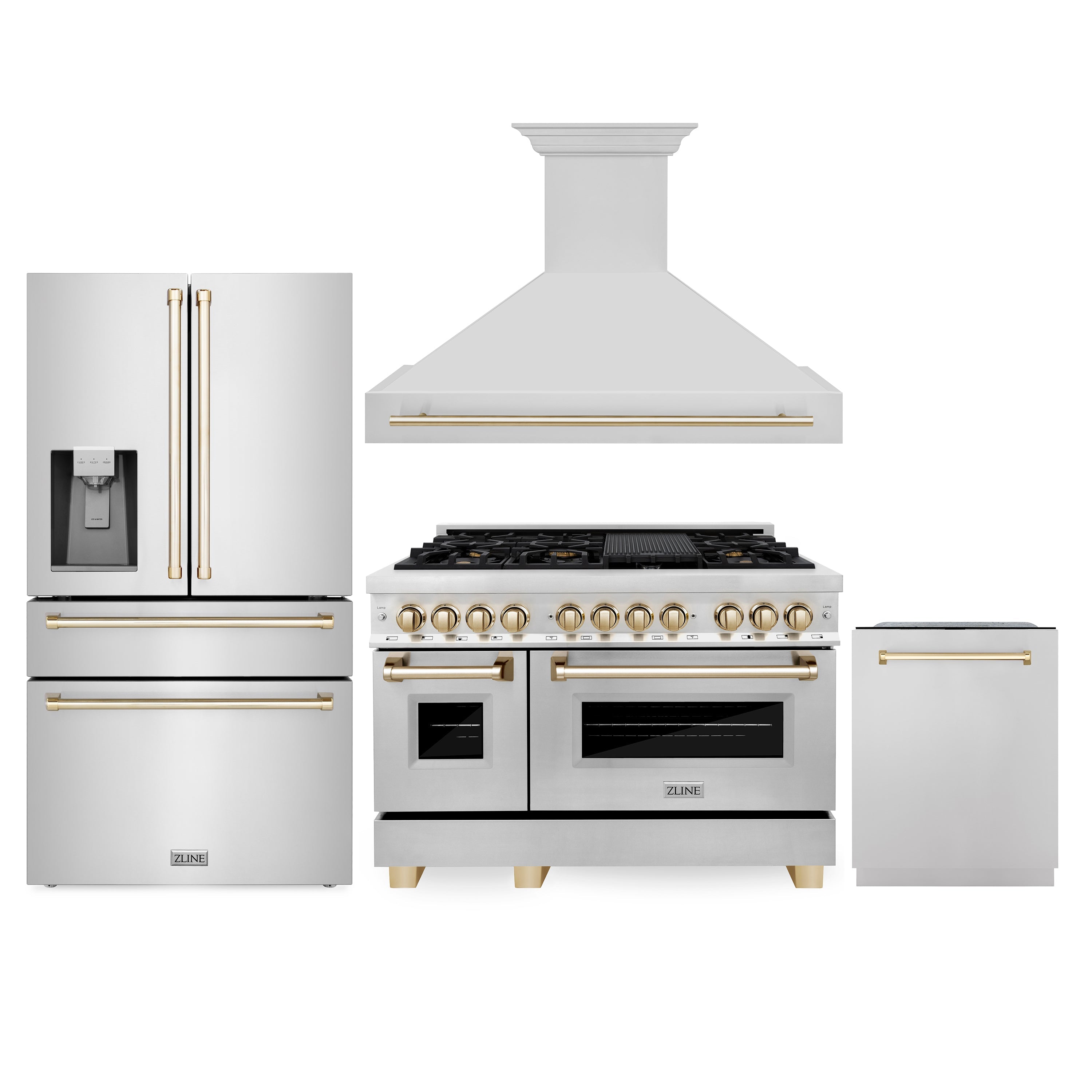 ZLINE 48" Autograph Edition Kitchen Package with Stainless Steel Dual Fuel Range, Range Hood, Dishwasher and Refrigeration with Gold Accents (4AKPR-RARHDWM48-G) - New Star Living
