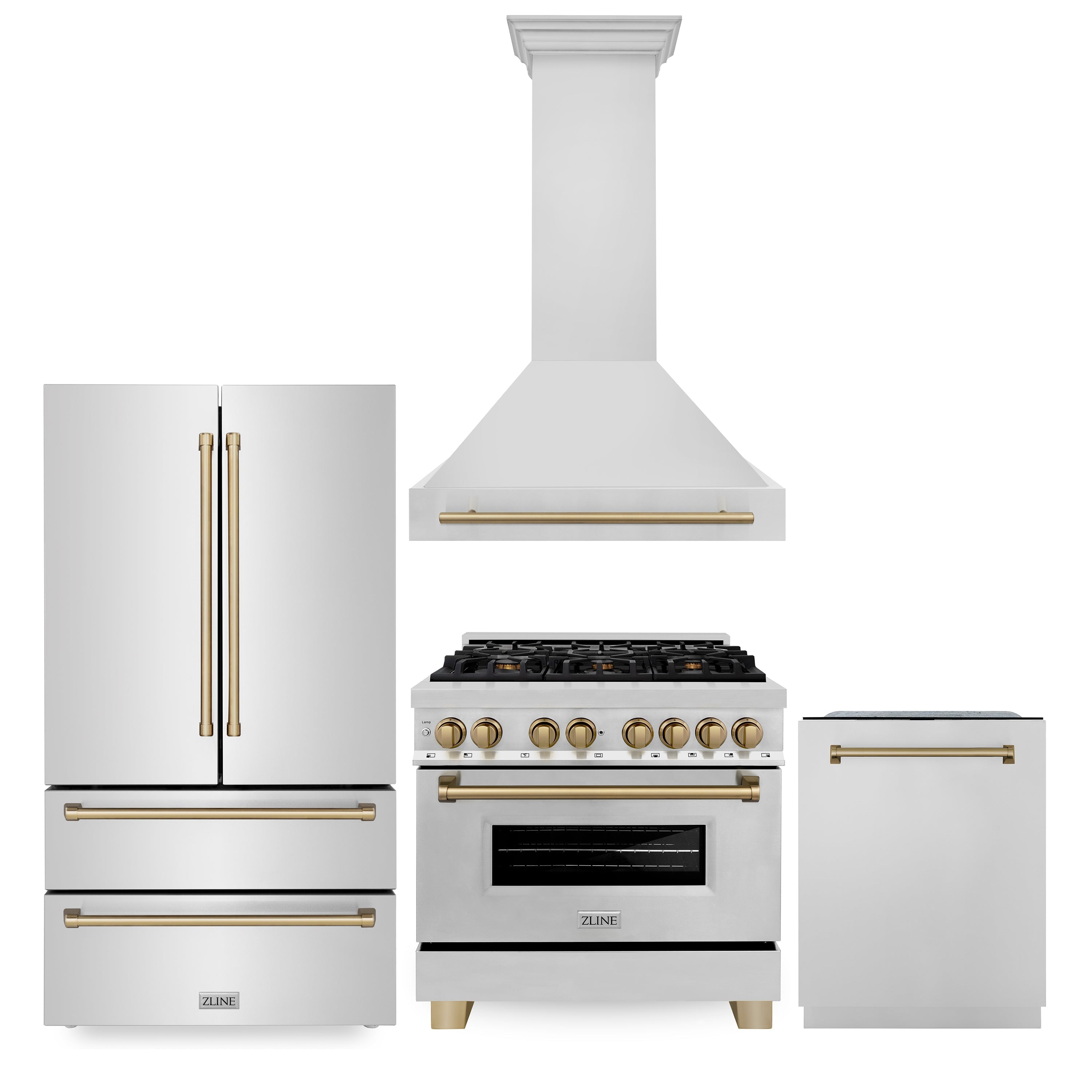 ZLINE 36" Autograph Edition Kitchen Package with Stainless Steel Dual Fuel Range, Range Hood, Dishwasher and Refrigeration with Champagne Bronze Accents (4KAPR-RARHDWM36-CB) - New Star Living