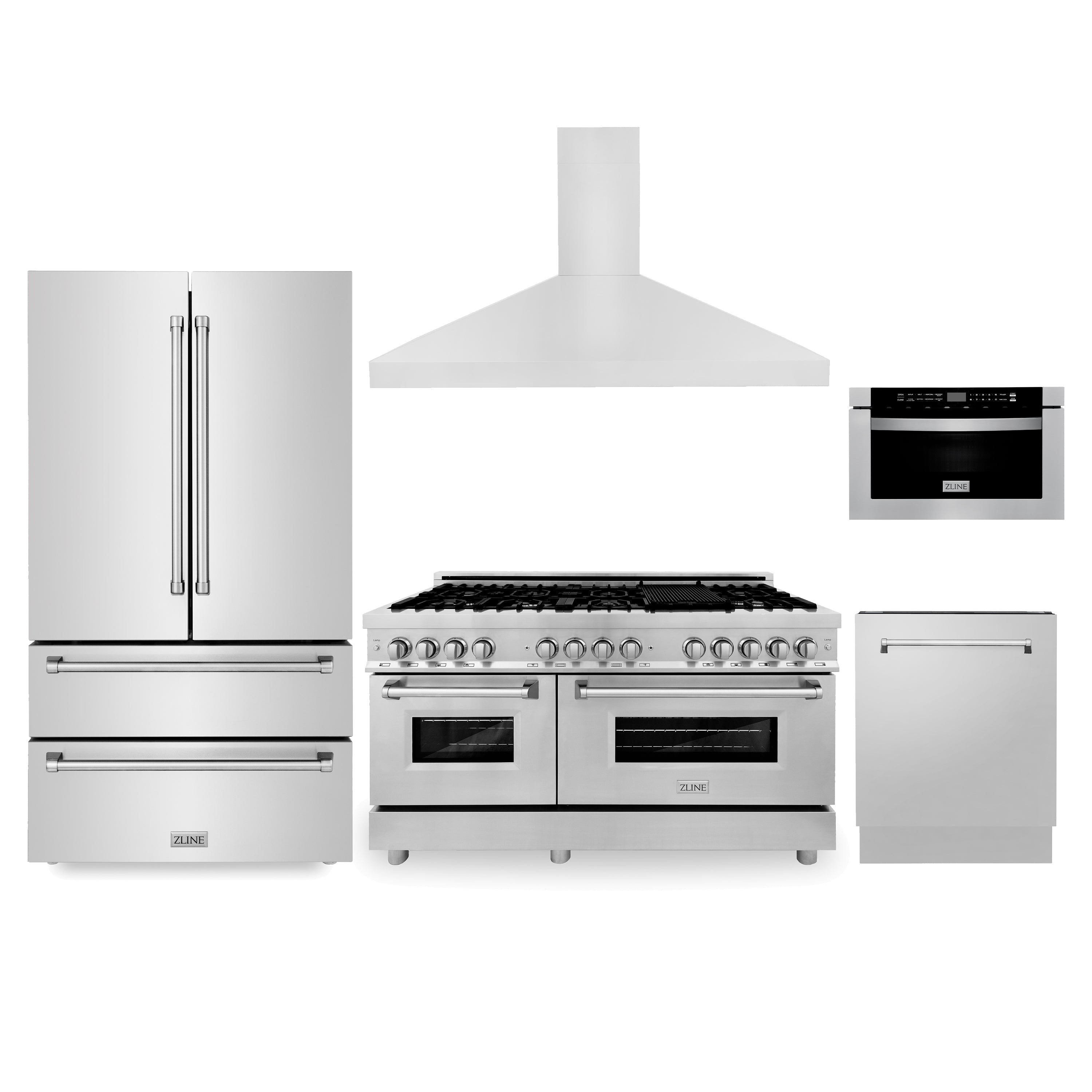 ZLINE Kitchen Package with Refrigeration, 60 in. Stainless Steel Dual Fuel Range, 60 in. Convertible Vent Range Hood, 24 in. Microwave Drawer, and 24 in. Tall Tub Dishwasher (5KPR-RARH60-MWDWV) - New Star Living