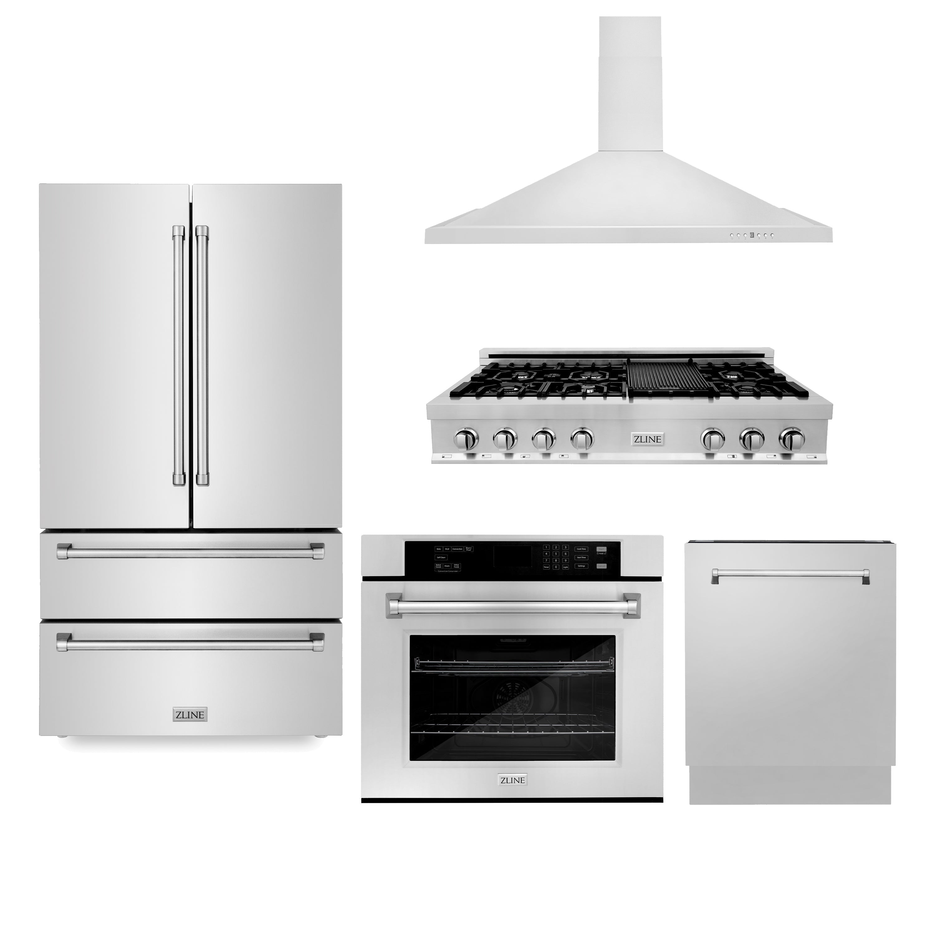 ZLINE Kitchen Package with Refrigeration, 48 in. Stainless Steel Rangetop, 48 in. Range Hood, 30 in. Single Wall Oven and 24 in. Tall Tub Dishwasher (5KPR-RTRH48-AWSDWV) - New Star Living