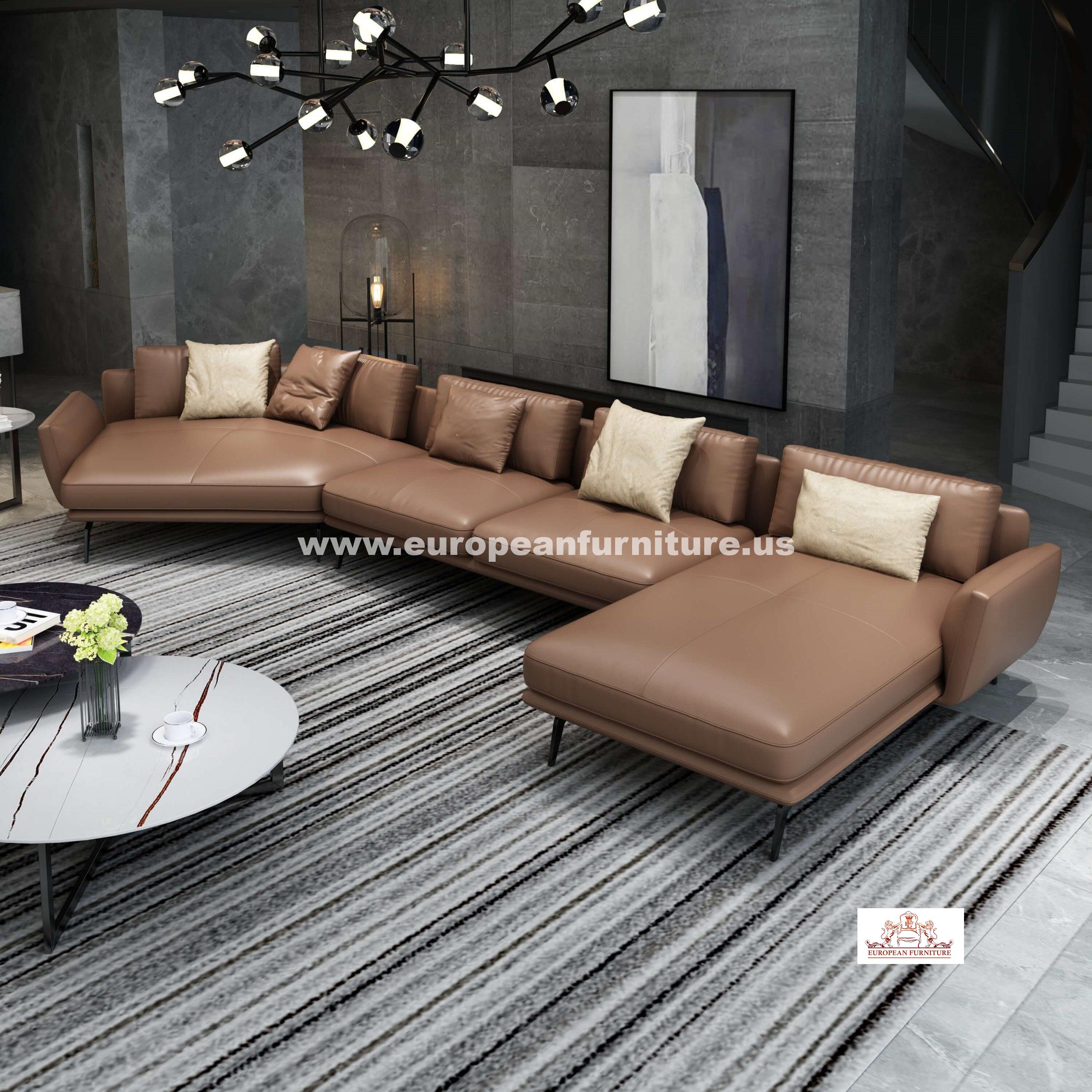 European Furniture - Santiago Italian Russet Brown Leather RHF Sectional - EF-83540R-3RHF - New Star Living
