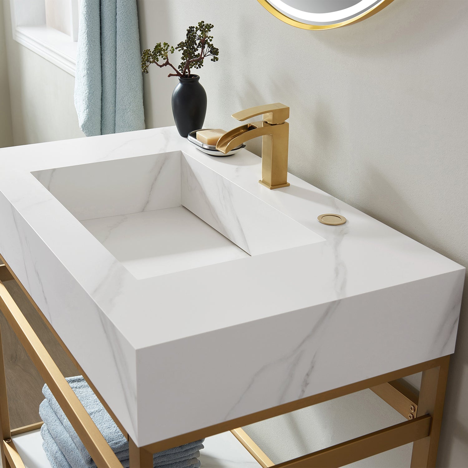 Vinnova Design Bilbao 36" Single Vanity with Brushed gold stainless steel bracket match with Snow mountain white stone Countertop - New Star Living