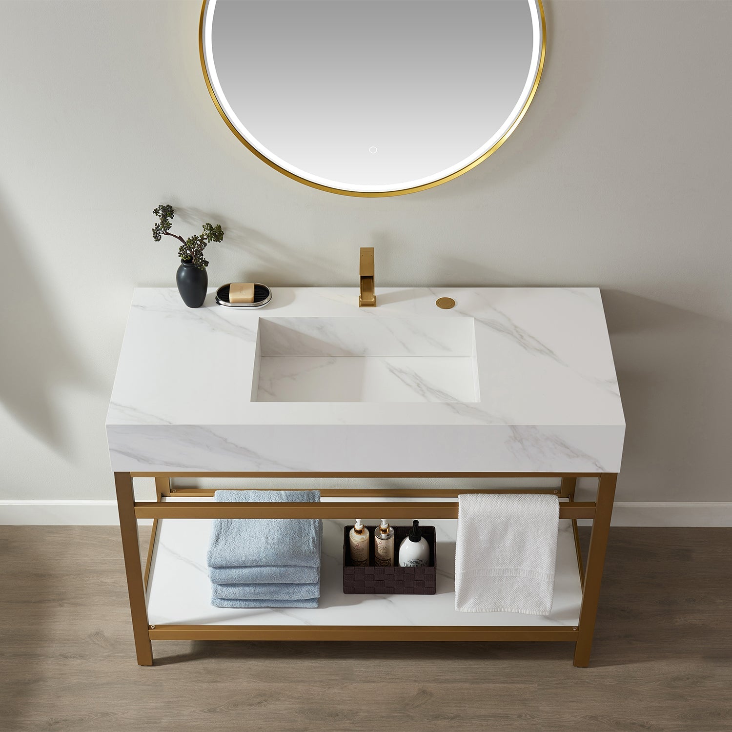 Vinnova Design Bilbao 48" Single Vanity with Brushed gold stainless steel bracket match with Snow mountain white stone Countertop - New Star Living