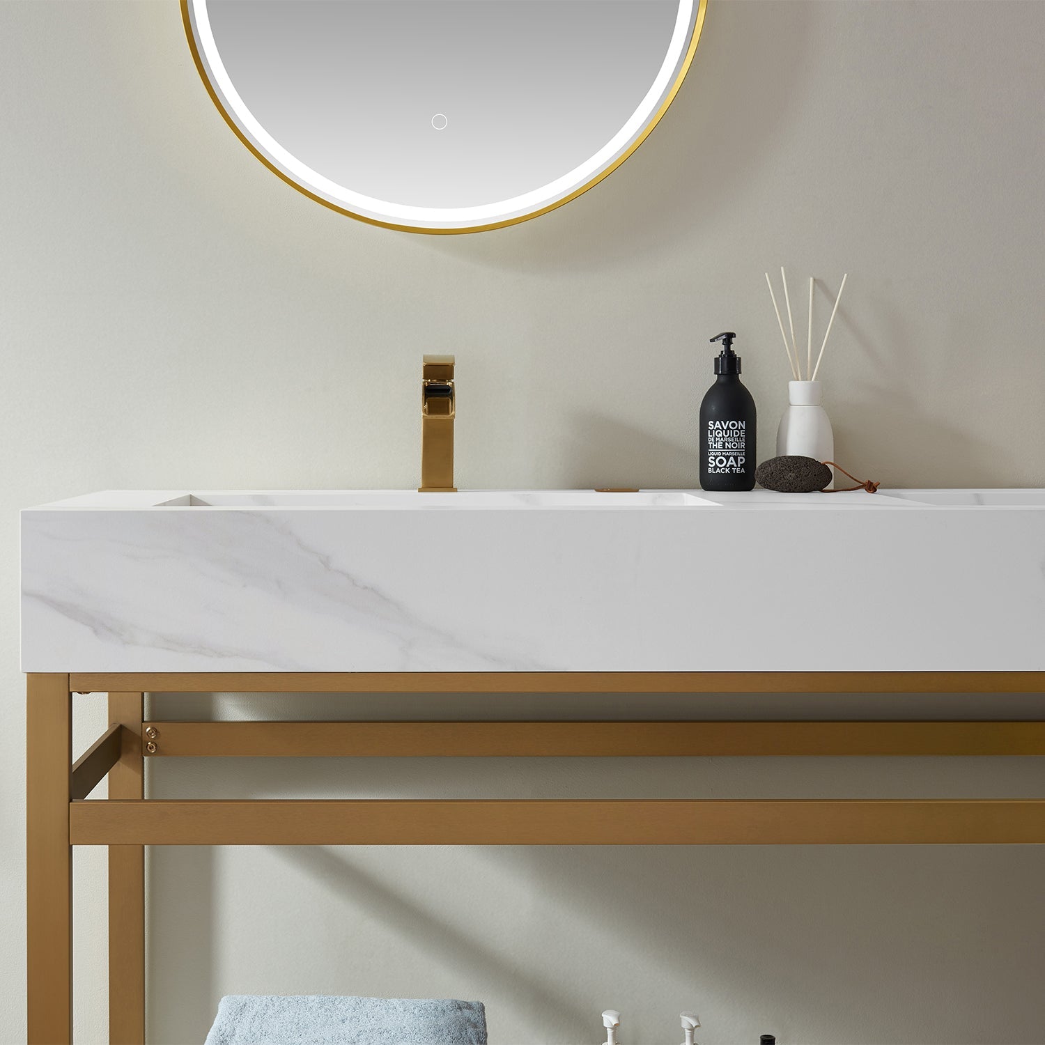 Vinnova Design Bilbao 60" Double Vanity with Brushed gold stainless steel bracket match with Snow mountain white stone Countertop - New Star Living