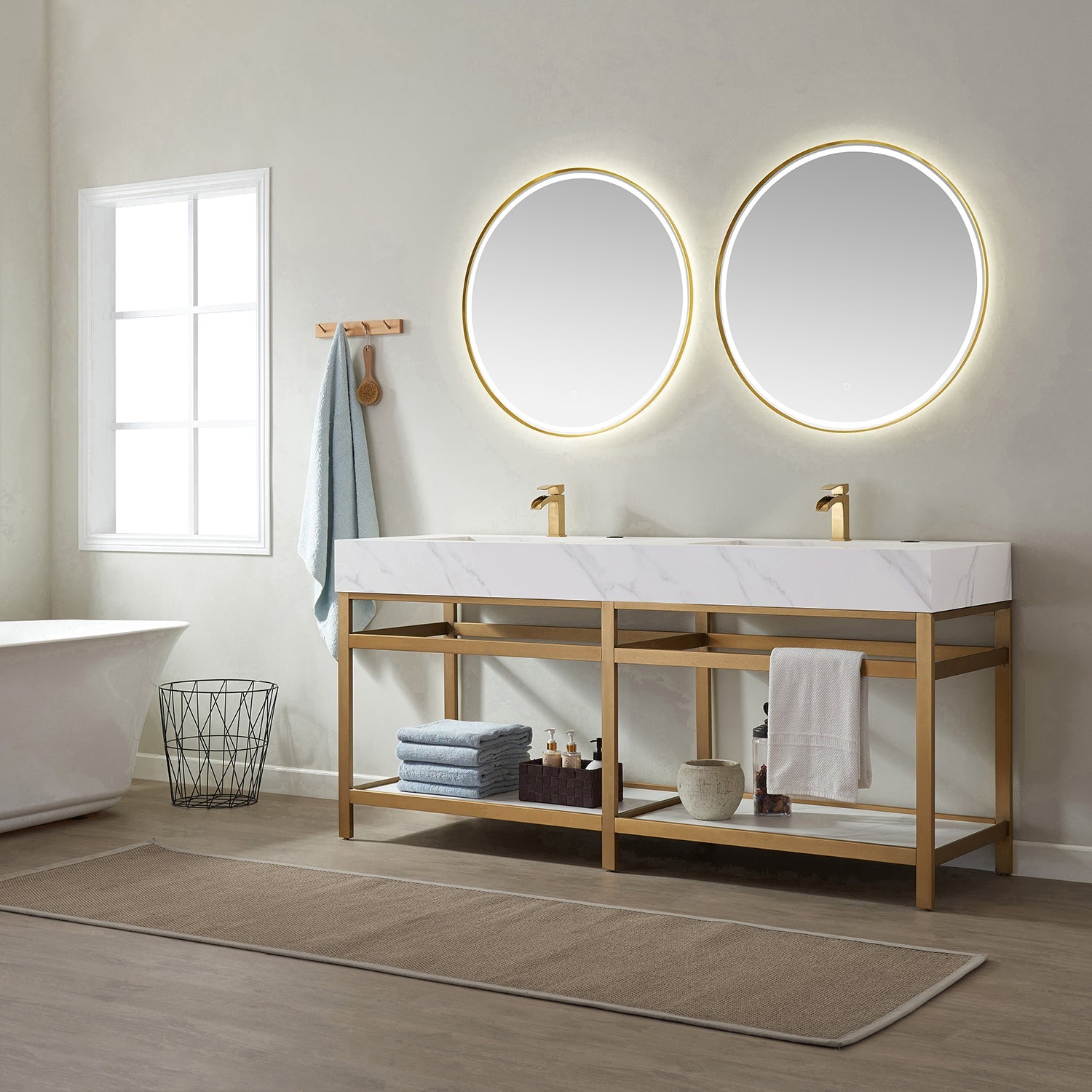 Vinnova Design Bilbao 72" Double Vanity with Brushed gold stainless steel bracket match with Snow mountain white stone Countertop - New Star Living
