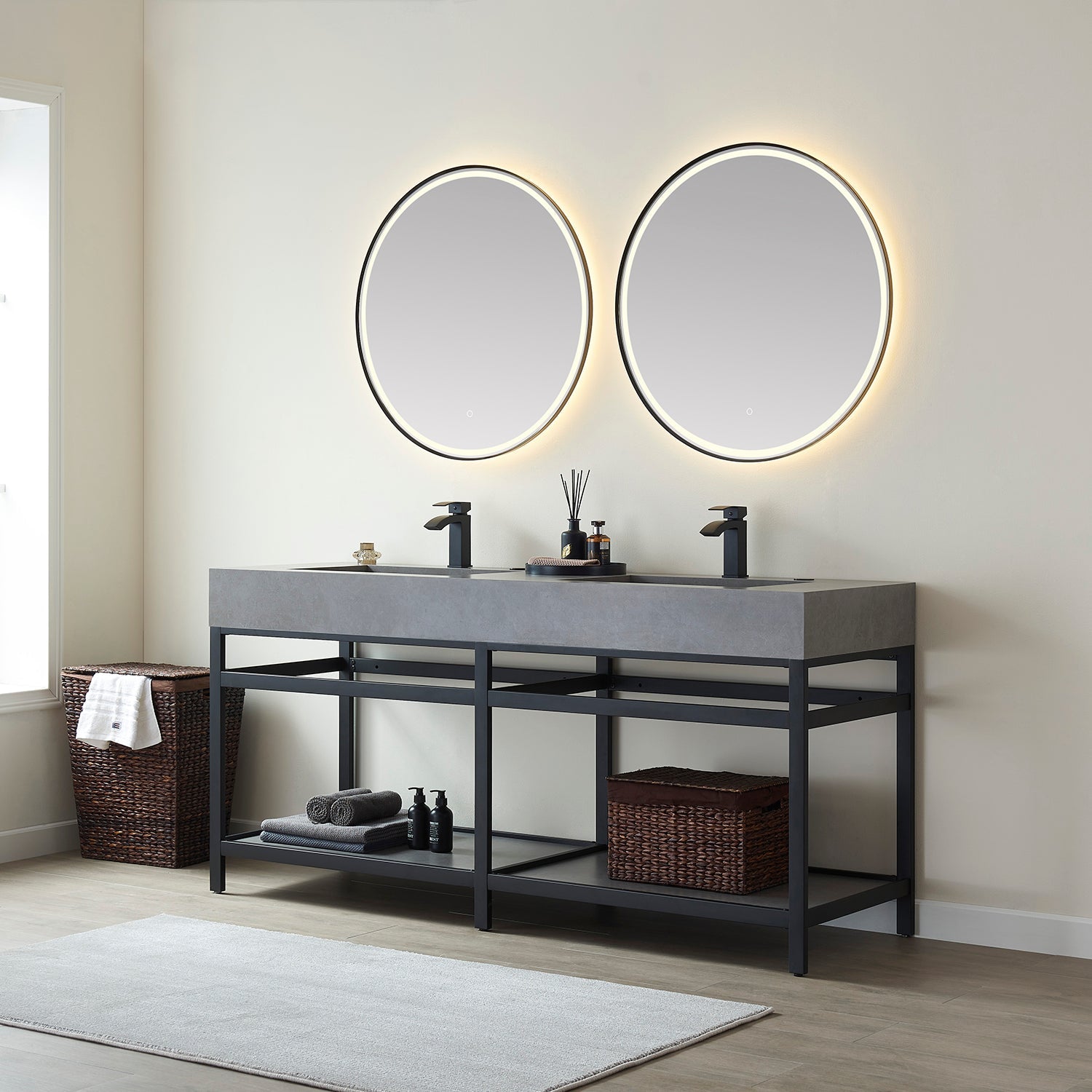 Vinnova Design Bilbao 72" Double Vanity with Matte black stainless steel bracket match with Grey Sintered Stone Top - New Star Living
