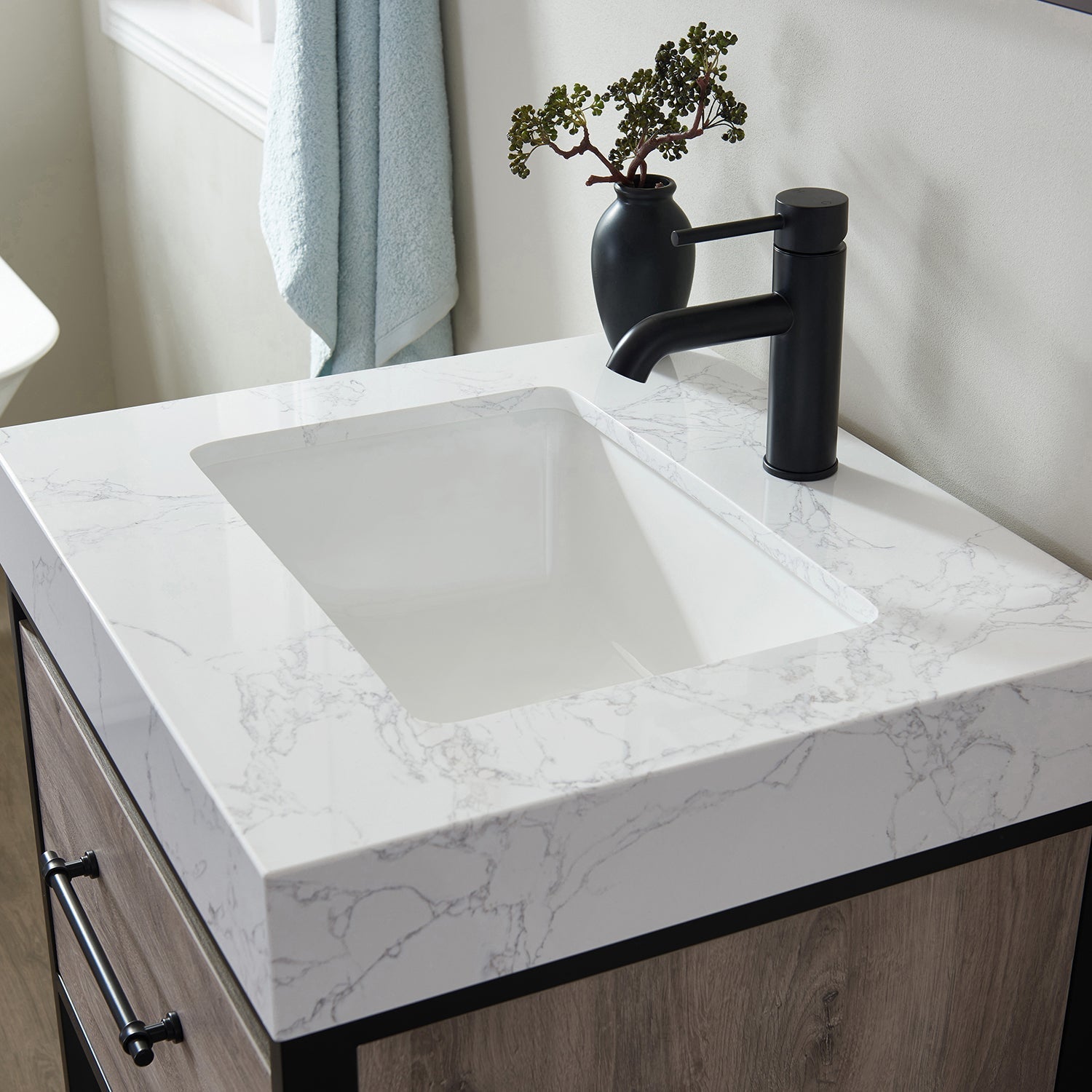 Vinnova Design Palma Vanity in Mexican Oak with White Composite Grain Stone Countertop and Basin with Top - New Star Living
