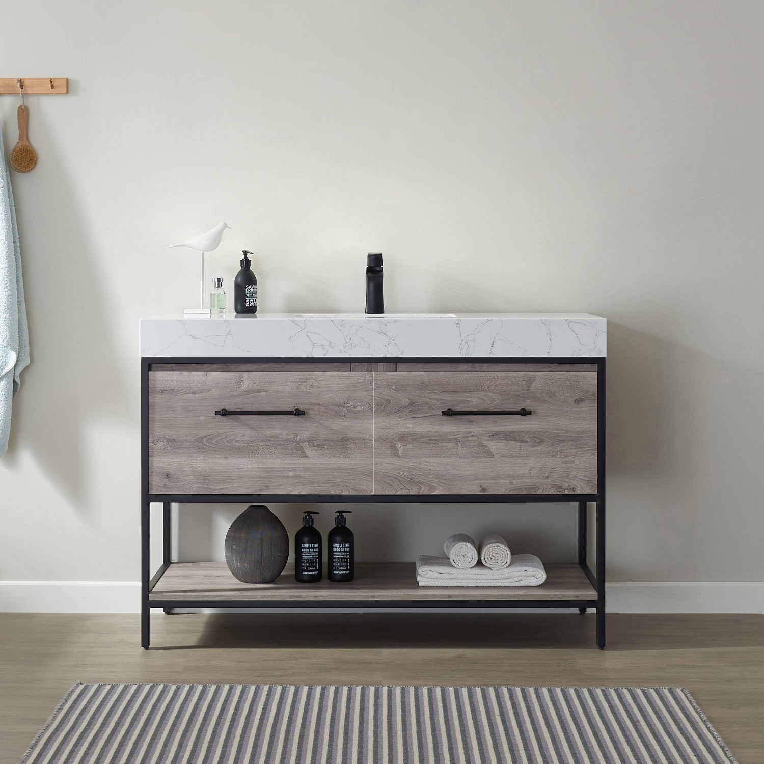 Vinnova Palma Vanity in Mexican Oak with White Composite Grain Stone Countertop and Vessel Sink