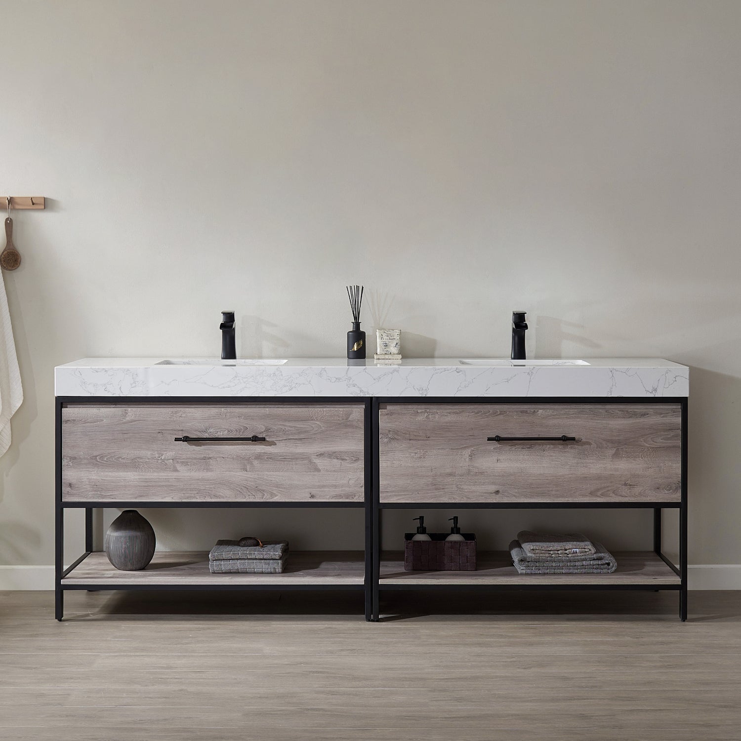 Vinnova Palma Vanity in Mexican Oak with White Composite Grain Stone Countertop and Vessel Sink