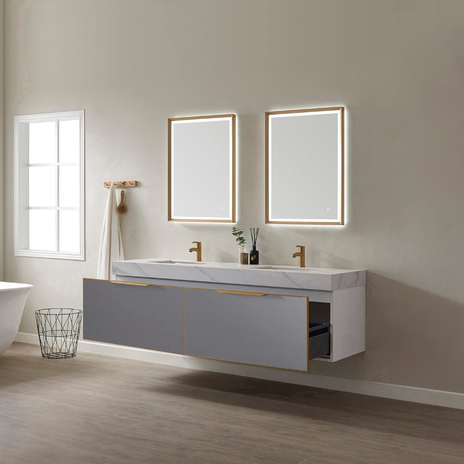 Vinnova Design Alicante 72" Double Vanity in Grey with White Sintered Stone Countertop and Undermount Sink - New Star Living