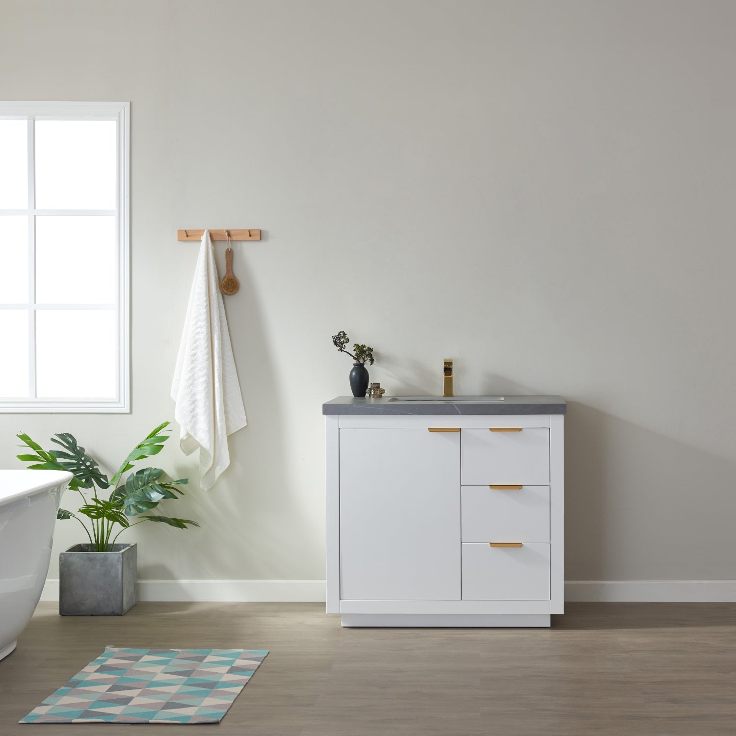 Leiza 36" Single Sink Bath Vanity in White with Grey Sintered Stone Countertop