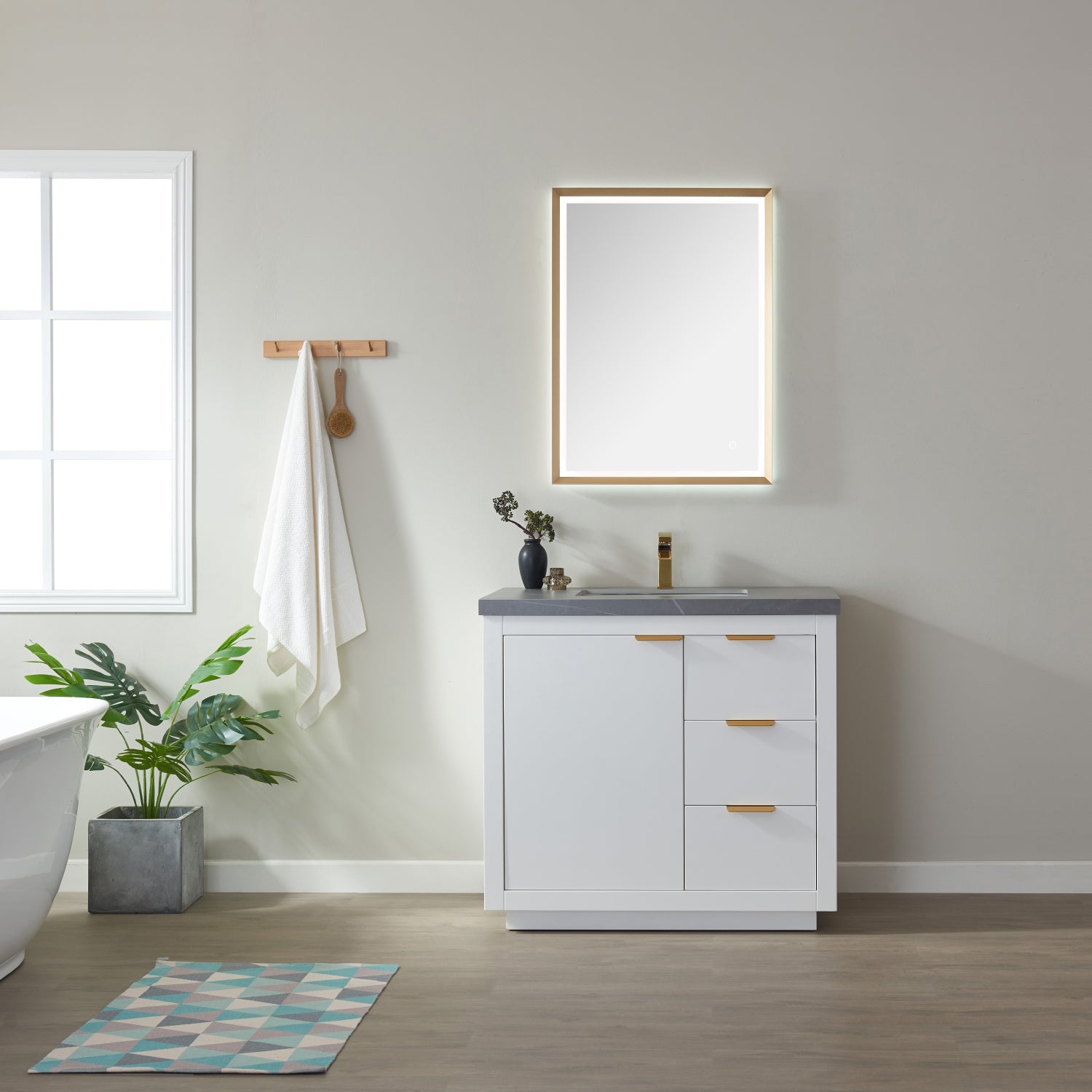 Leiza 36" Single Sink Bath Vanity in White with Grey Sintered Stone Countertop