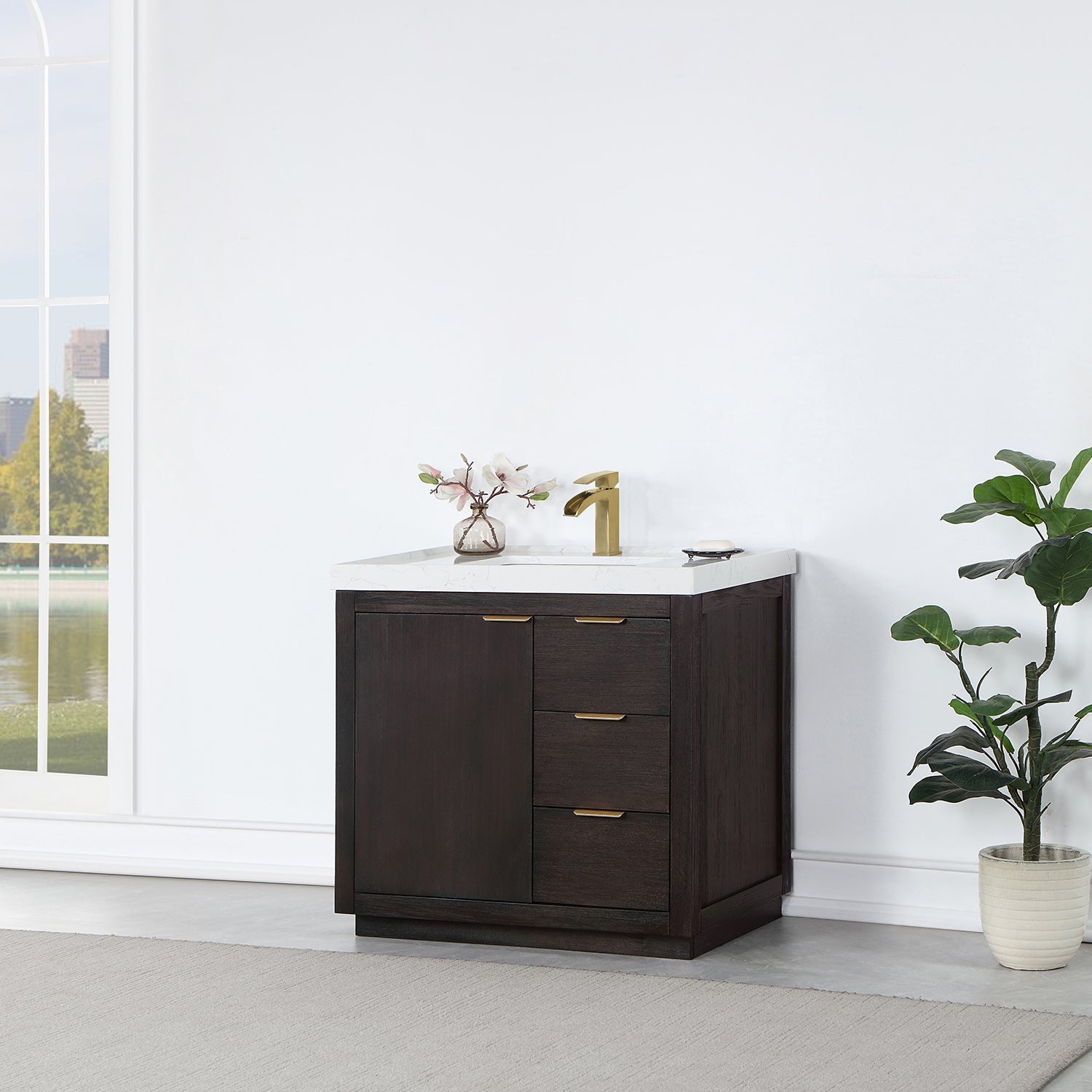 Vinnova Design Leiza Single Sink Bath Vanity in Weathering Walnut with White Composite Grain Countertop - New Star Living
