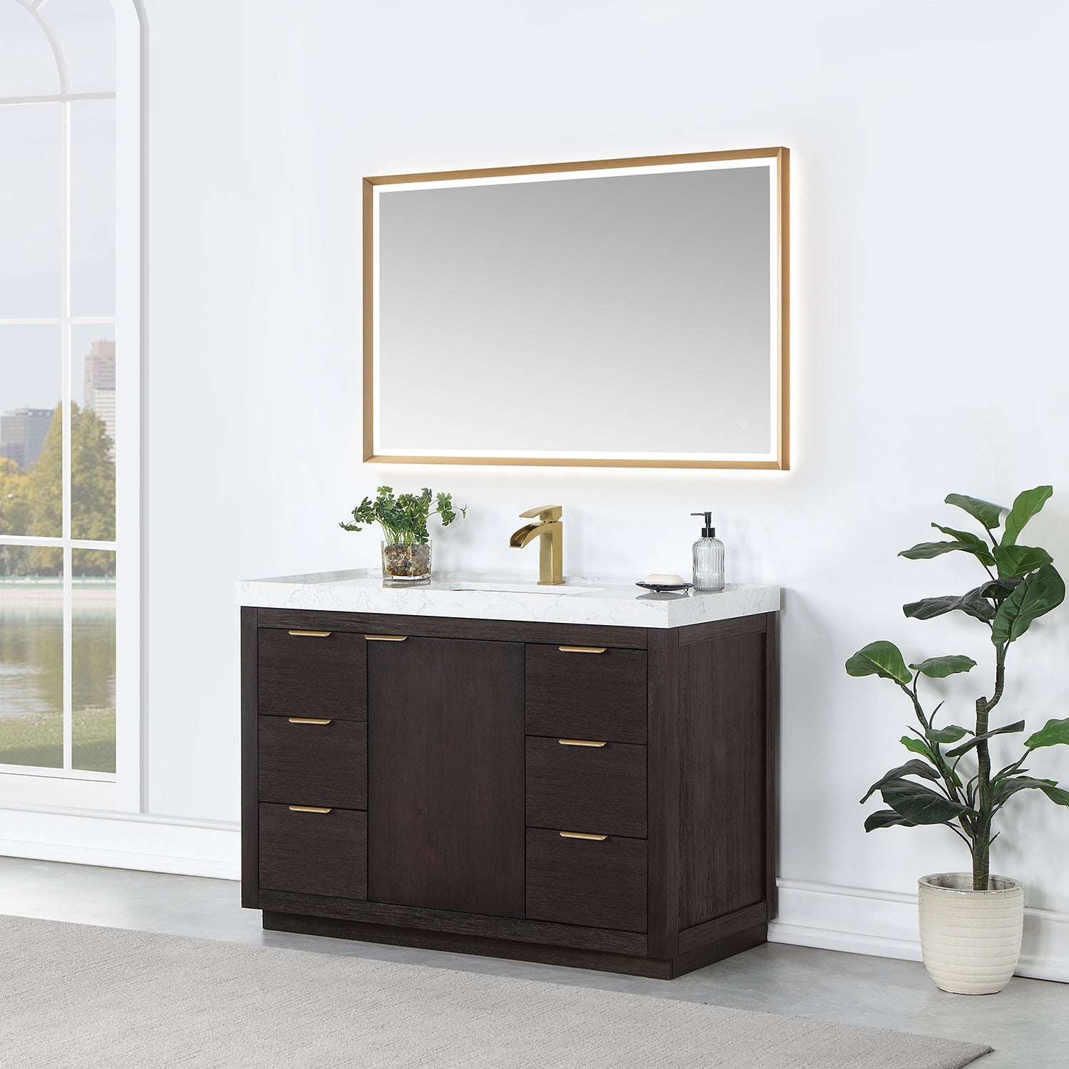 Vinnova Design Leiza Single Sink Bath Vanity in Weathering Walnut with White Composite Grain Countertop - New Star Living