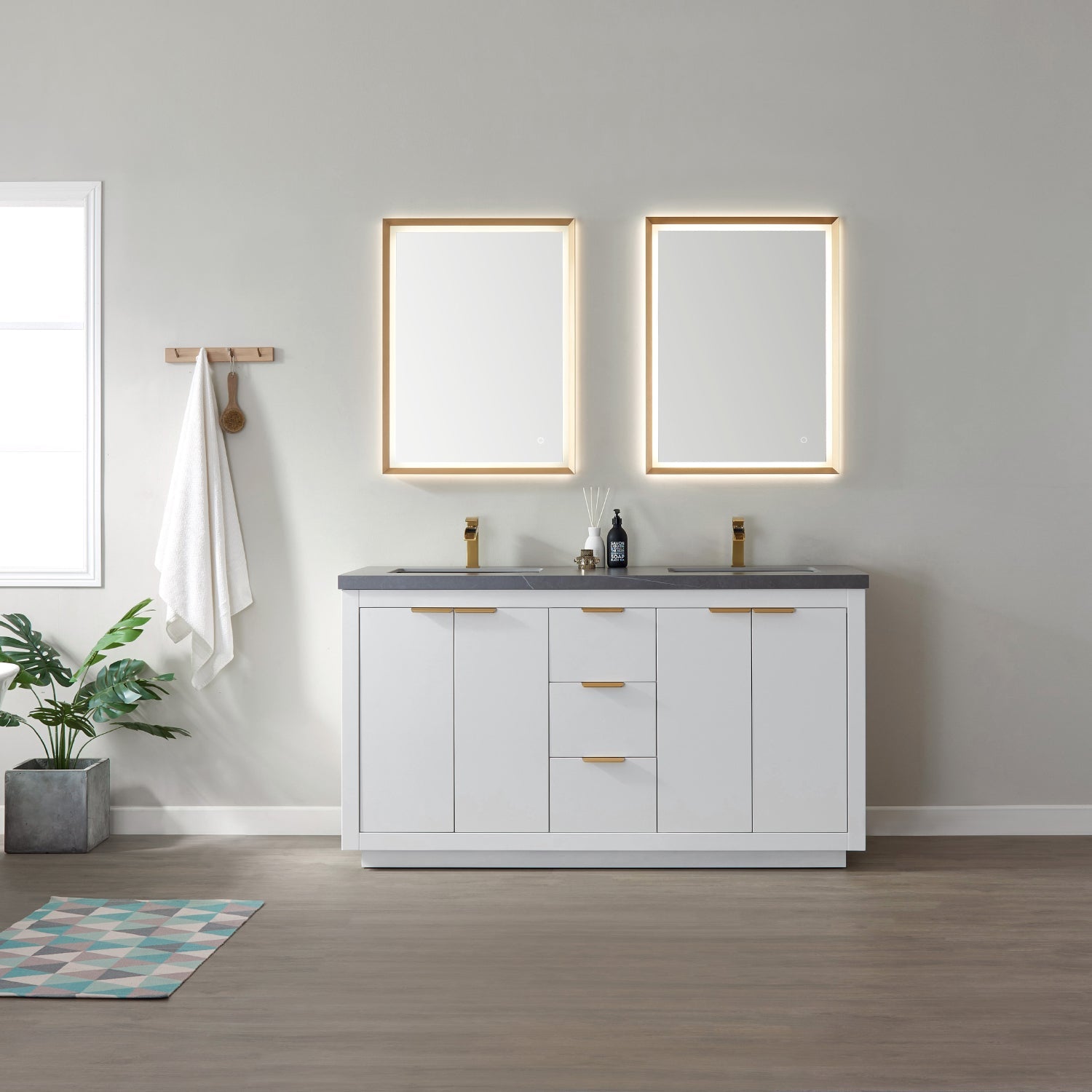 Leiza 60" Double Sink Bath Vanity in White with Grey Sintered Stone Countertop
