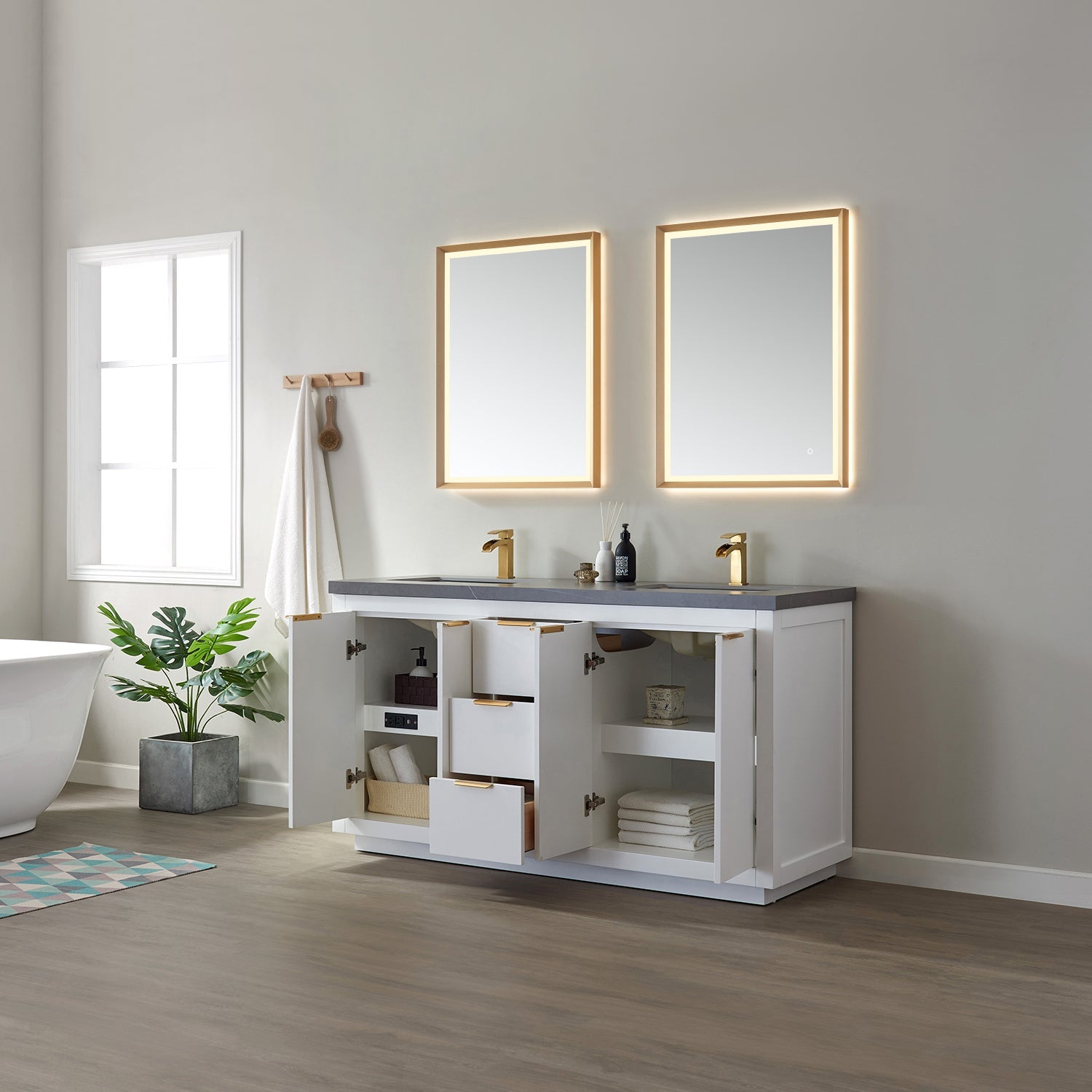 Vinnova Design Leiza 60" Double Sink Bath Vanity in White with Grey Sintered Stone Countertop - New Star Living