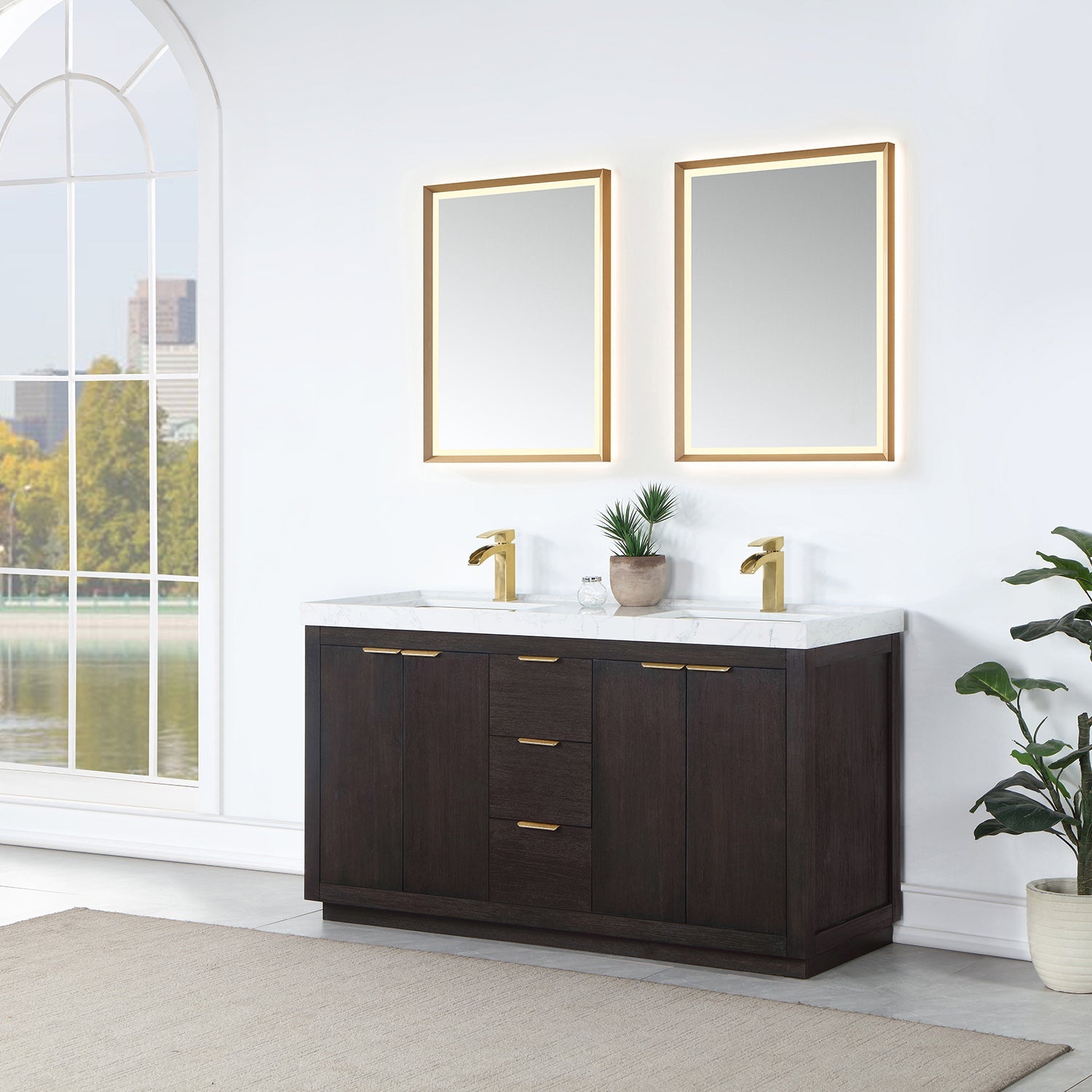 Vinnova Design Leiza Double Sink Bath Vanity in Weathering Walnut with White Composite Grain Countertop - New Star Living