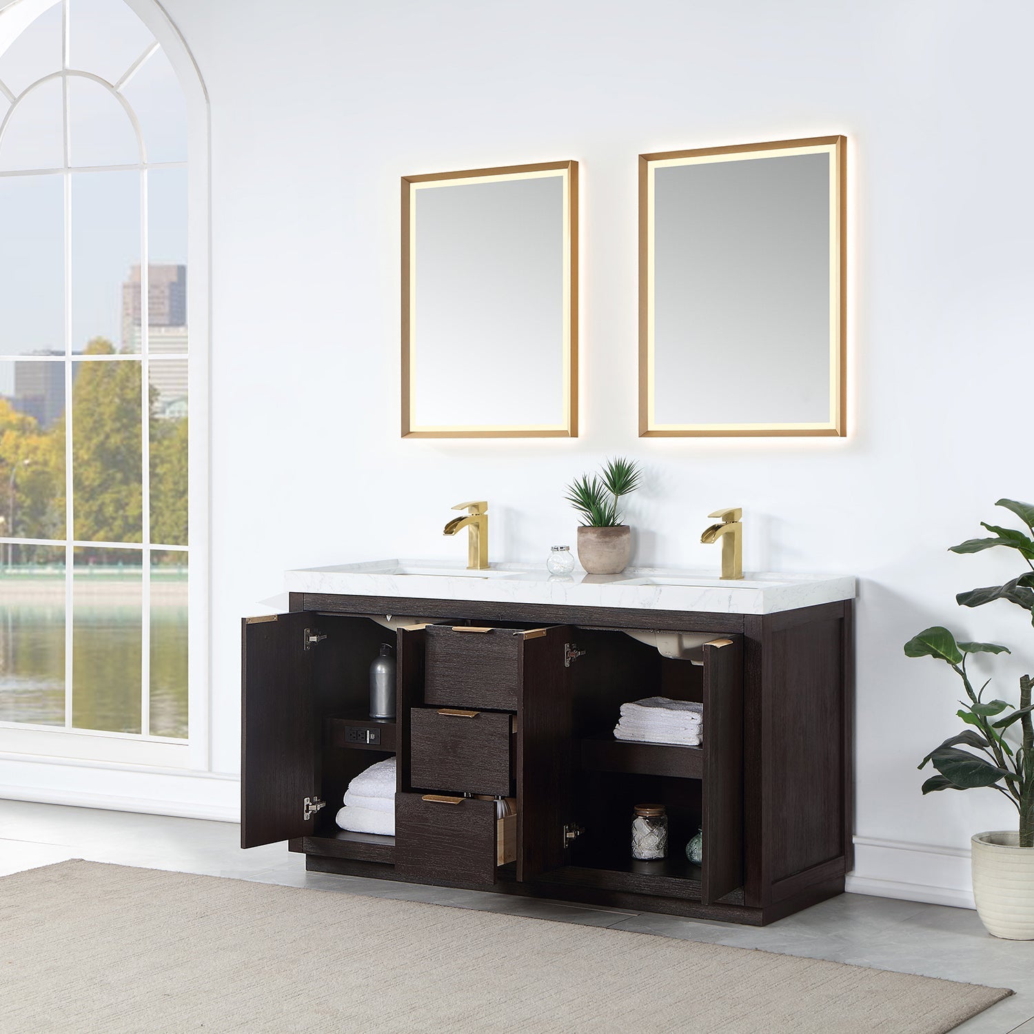 Vinnova Design Leiza Double Sink Bath Vanity in Weathering Walnut with White Composite Grain Countertop - New Star Living