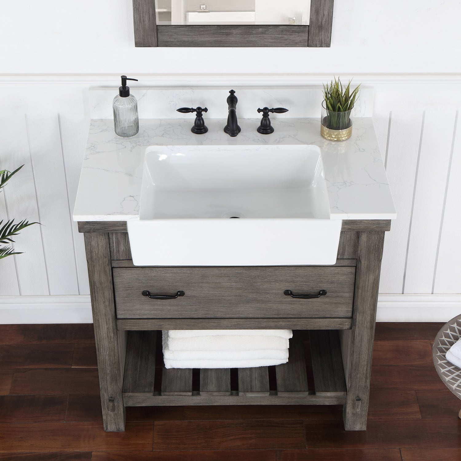 Vinnova Design Villareal 36" Single Vanity in Classical Grey with Composite Stone Top in White, White Farmhouse Basin - New Star Living