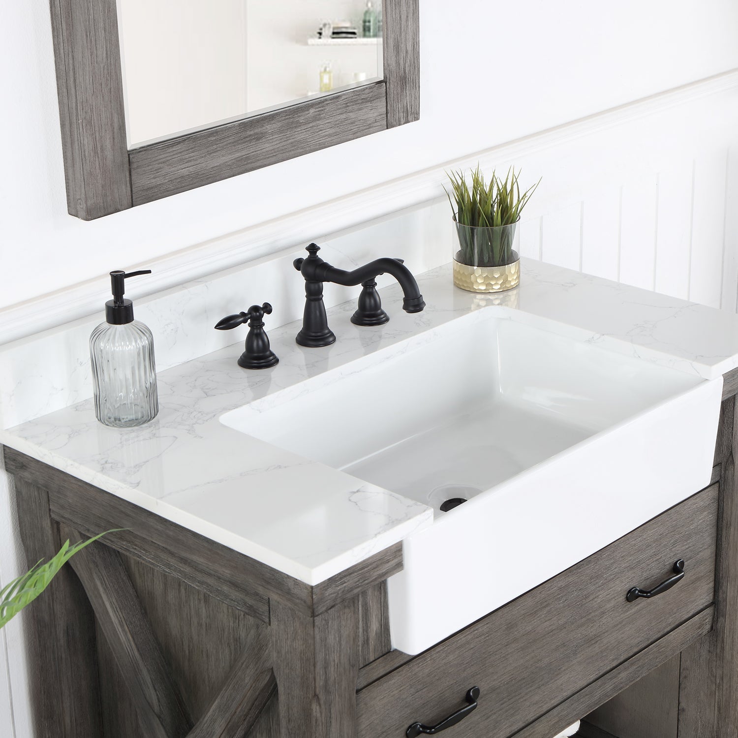Vinnova Design Villareal 36" Single Vanity in Classical Grey with Composite Stone Top in White, White Farmhouse Basin - New Star Living