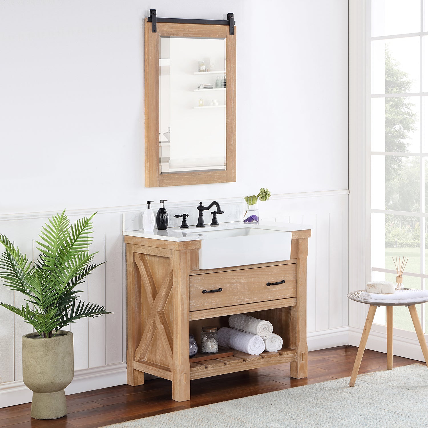 Vinnova Design Villareal 36" Single Vanity in Weathered Pine with Composite Stone Top in White, White Farmhouse Basin - New Star Living